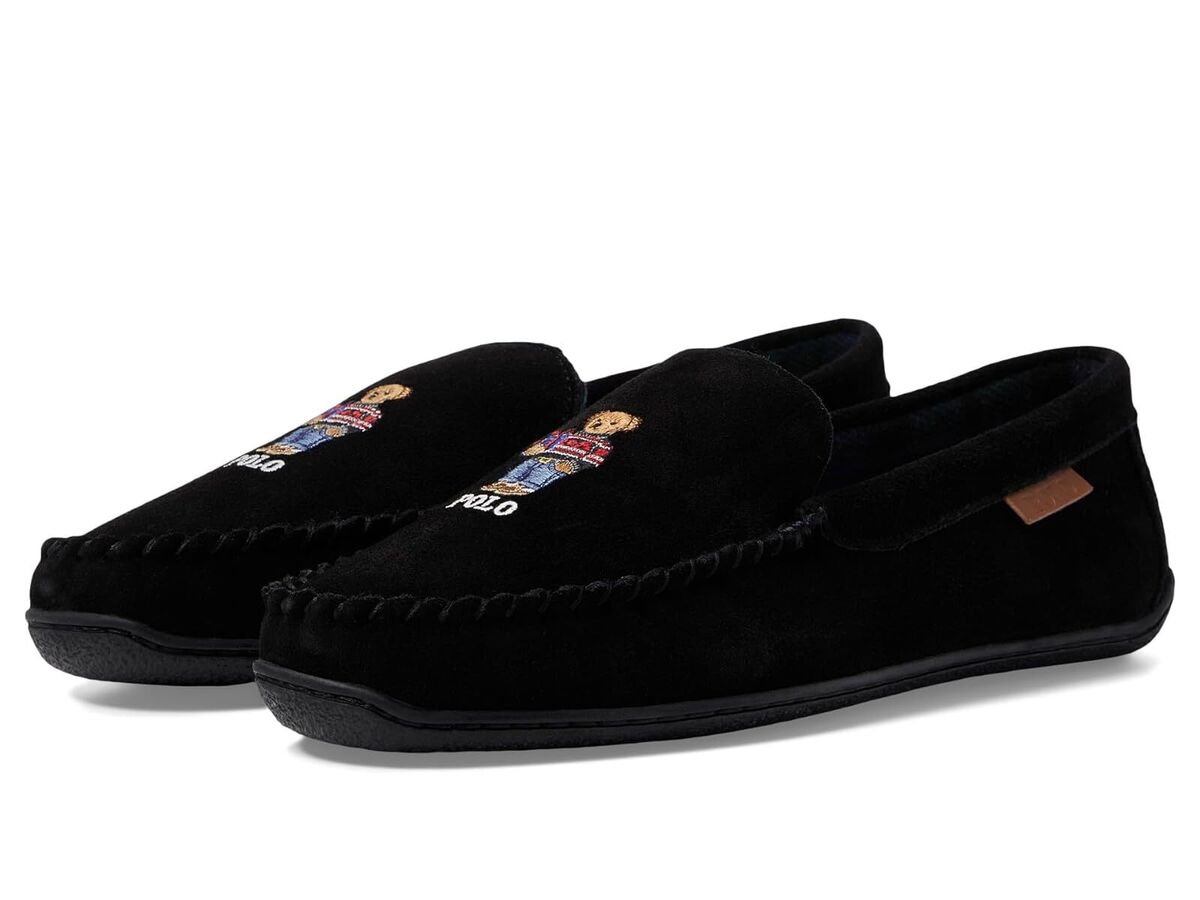 Polo Ralph Lauren BRENAN BEAR Mens Moccasin Slippers Black Suede side view showing suede upper and detailed logo.