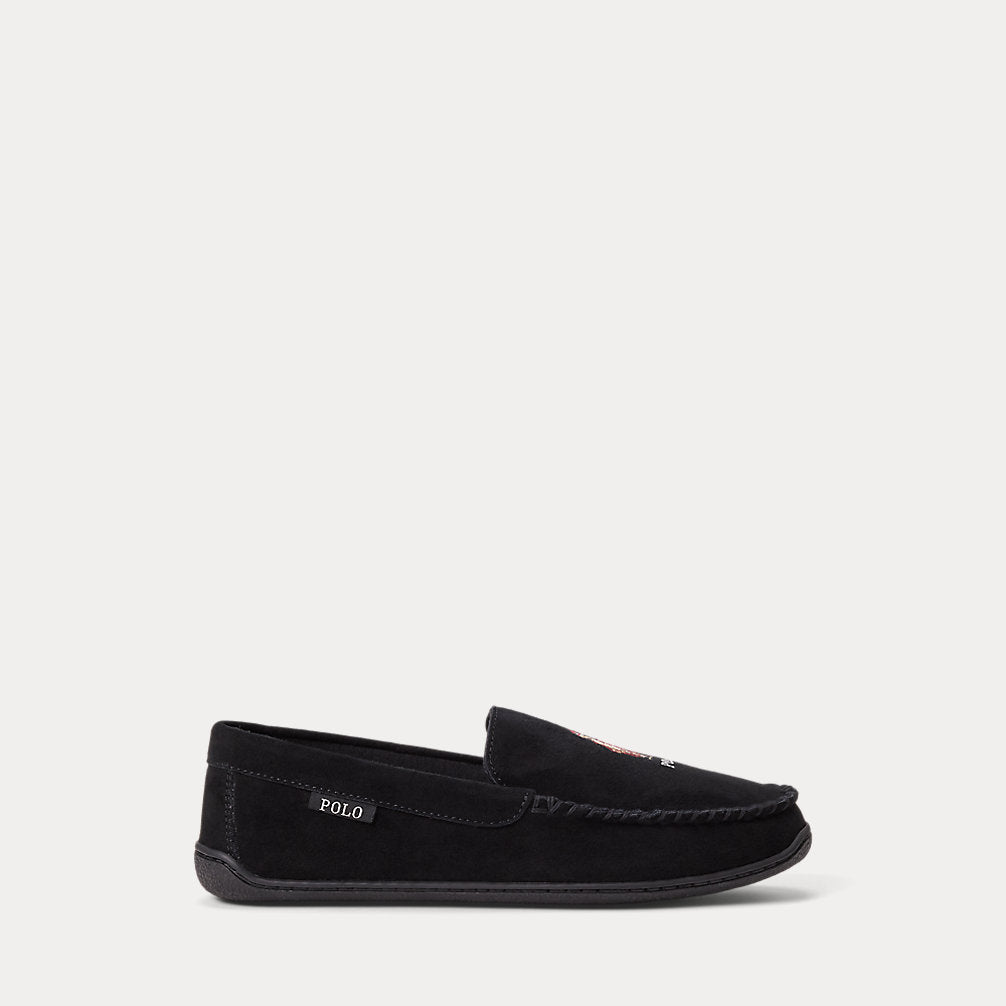 Polo Ralph Lauren BRENAN SCUFF Mens Moccasin Slippers Black Suede side view showcasing the slip-on design.