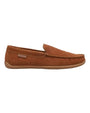 Polo Ralph Lauren BRENAN SCUFF Mens Moccasin Slippers Brown side view showcasing suede upper and rubber sole.