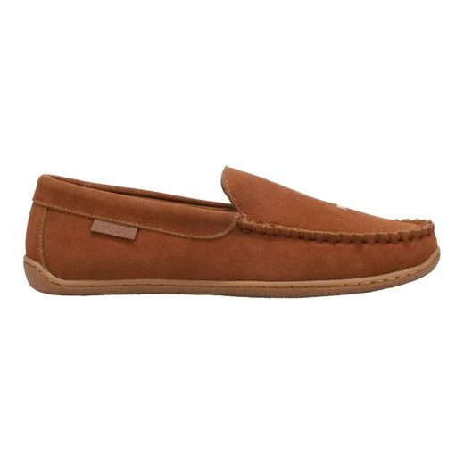 Polo Ralph Lauren BRENAN SCUFF Mens Moccasin Slippers Brown side view showcasing suede upper and rubber sole.
