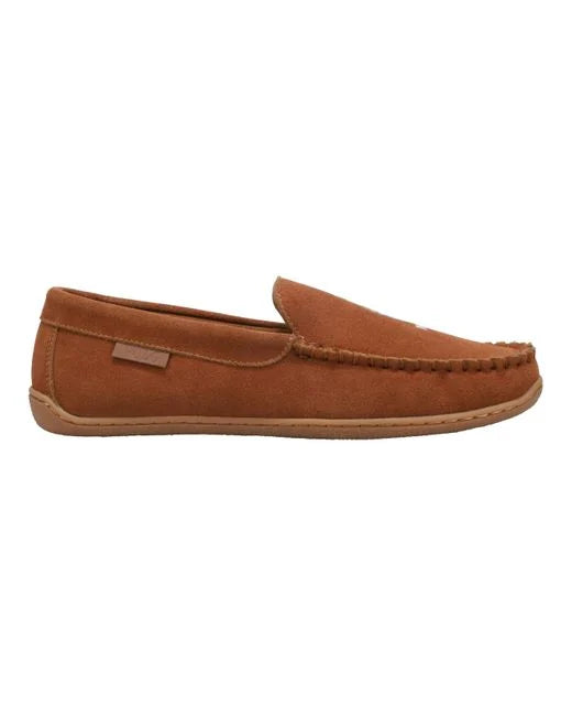 Polo Ralph Lauren BRENAN SCUFF Mens Moccasin Slippers Brown side view showcasing suede upper and rubber sole.