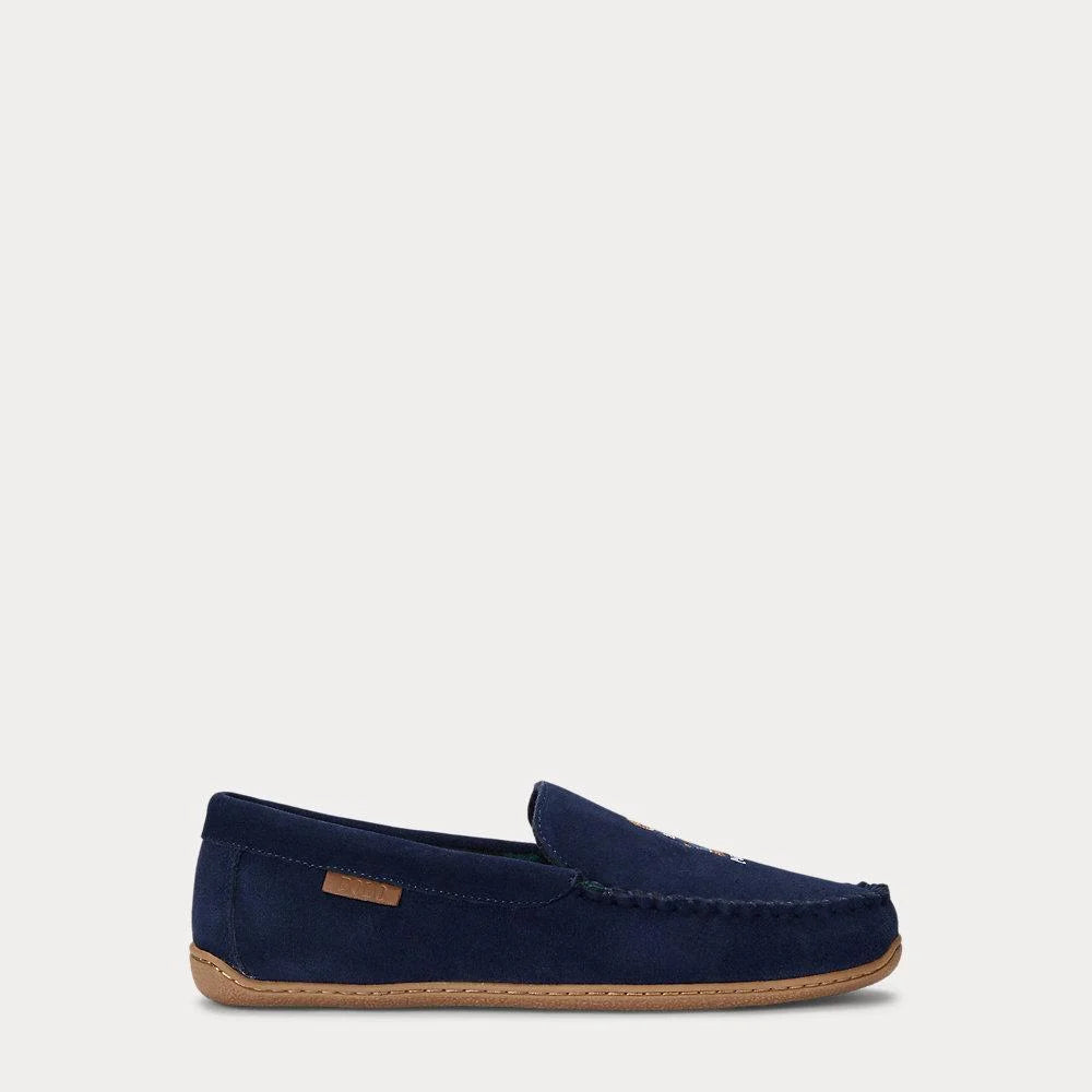 Polo Ralph Lauren BRENAN Mens Moccasin Slippers Navy Suede side view showcasing suede upper and slip-on style.