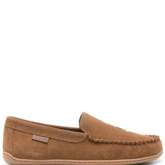 Polo Ralph Lauren BRENAN Mens Moccasin Slippers Brown side view showing suede upper and round toe design.