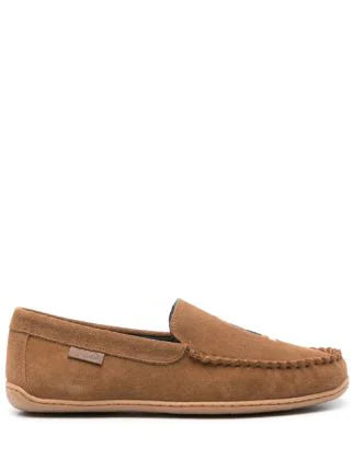 Polo Ralph Lauren BRENAN Mens Moccasin Slippers Brown side view showing suede upper and round toe design.