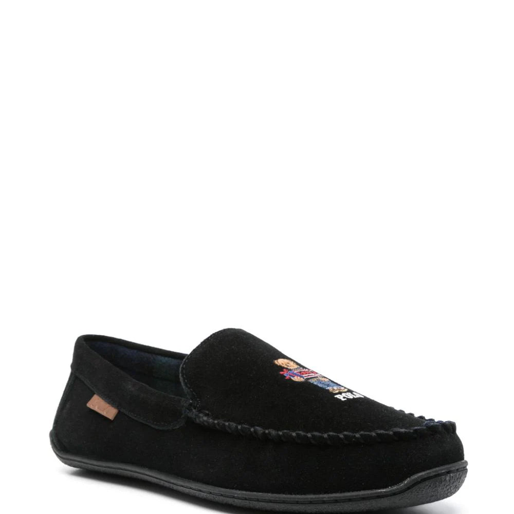 Polo Ralph Lauren BRENAN Mens Moccasin Slippers Black Suede side view showing comfortable slip-on design and round toe.