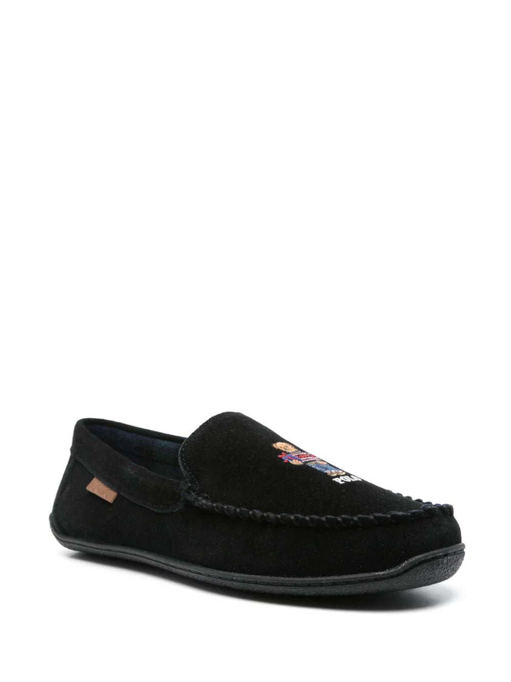 Polo Ralph Lauren BRENAN Mens Moccasin Slippers Black Suede side view showing comfortable slip-on design and round toe.