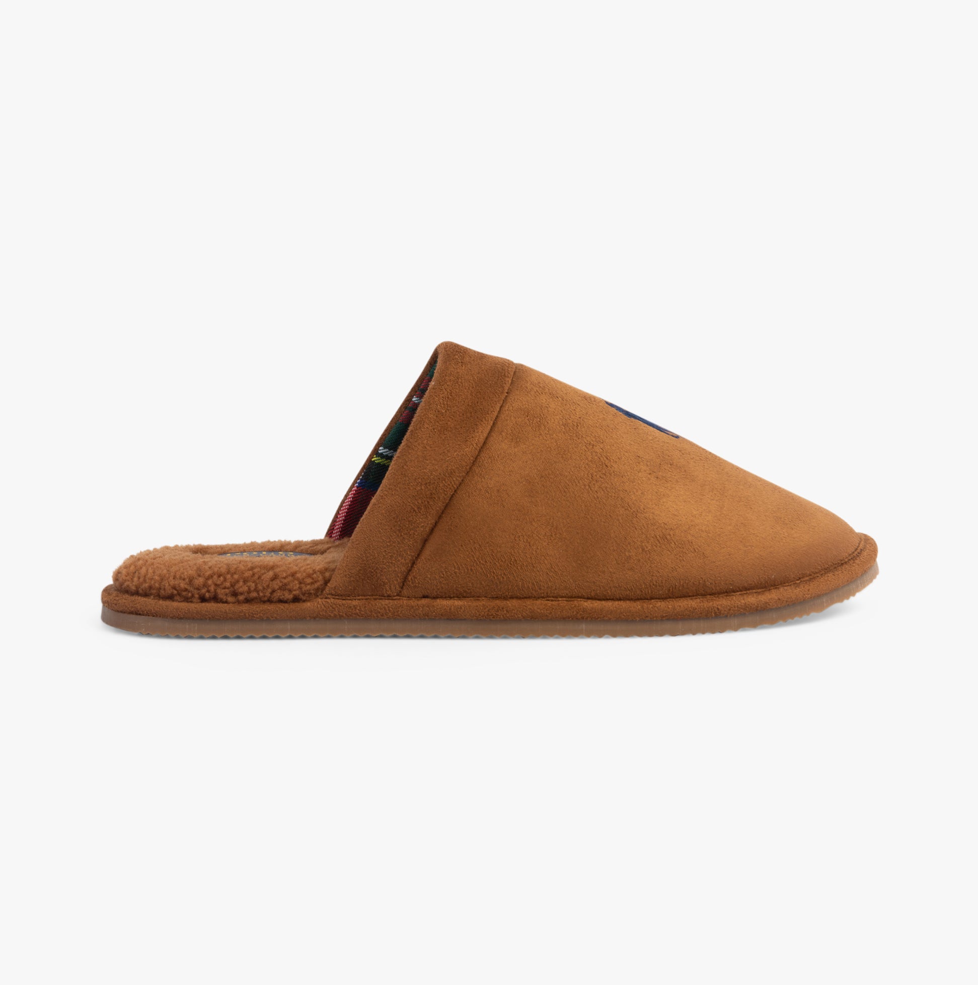Polo Ralph Lauren KLARENCE Mens Mule Slippers Brown side view featuring synthetic upper and cozy lining.