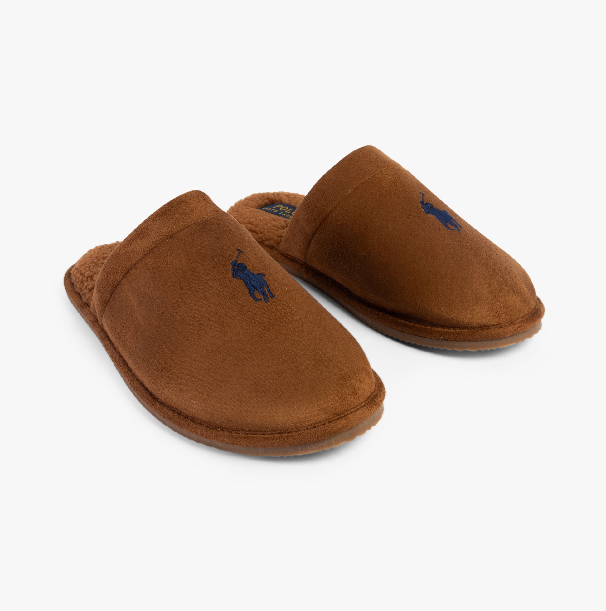 Polo Ralph Lauren KLARENCE Mens Mule Slippers Brown side view showing plush lining and embroidered logo.