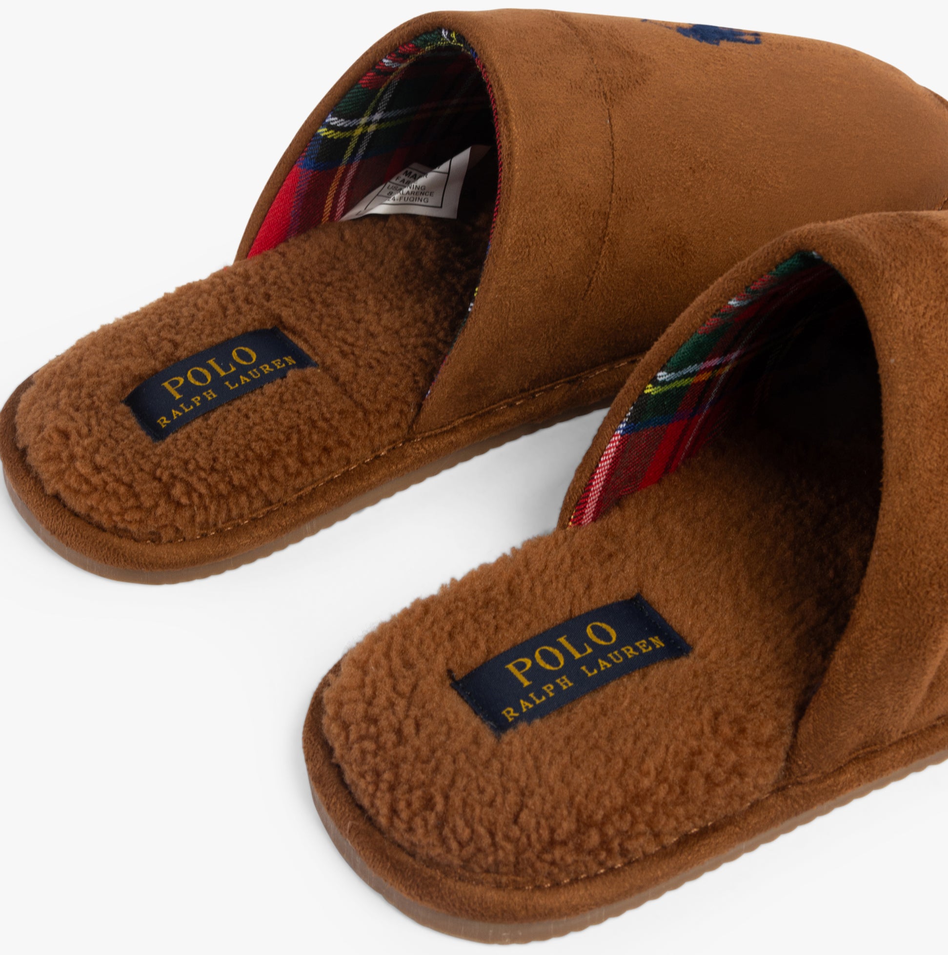 Polo Ralph Lauren KLARENCE Mens Mule Slippers Brown side view showing soft lining and brand logo on top.
