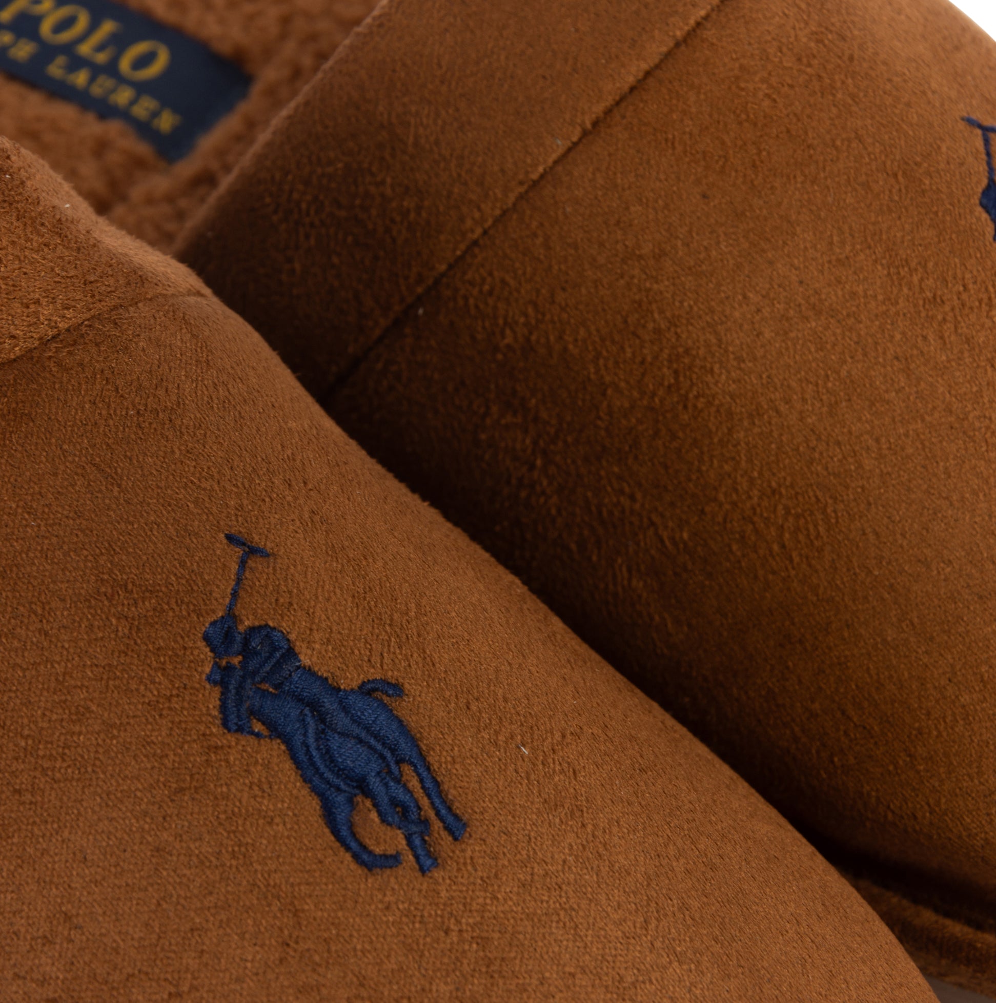 Polo Ralph Lauren KLARENCE Mens Mule Slippers Brown detail view, showcasing brown upper with logo embroidery.