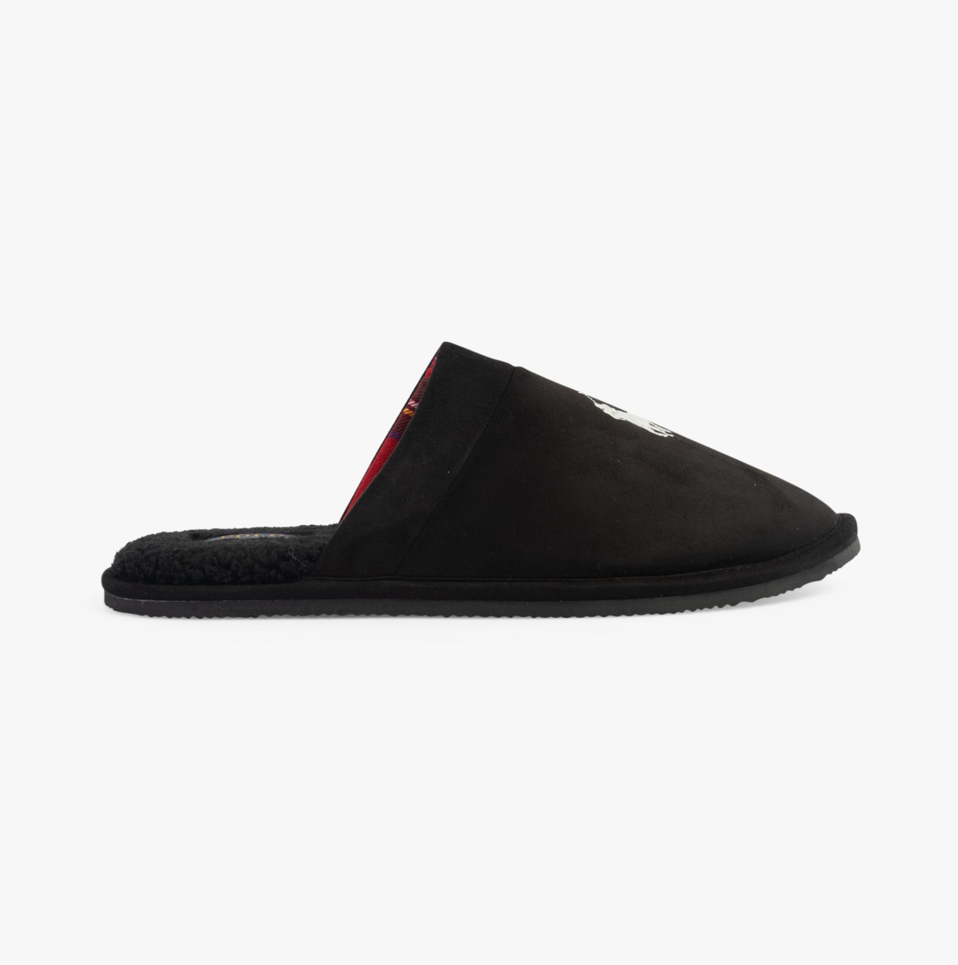 Polo Ralph Lauren KLARENCE Mens Mule Slippers Black Micro side view showing synthetic upper and round toe design.