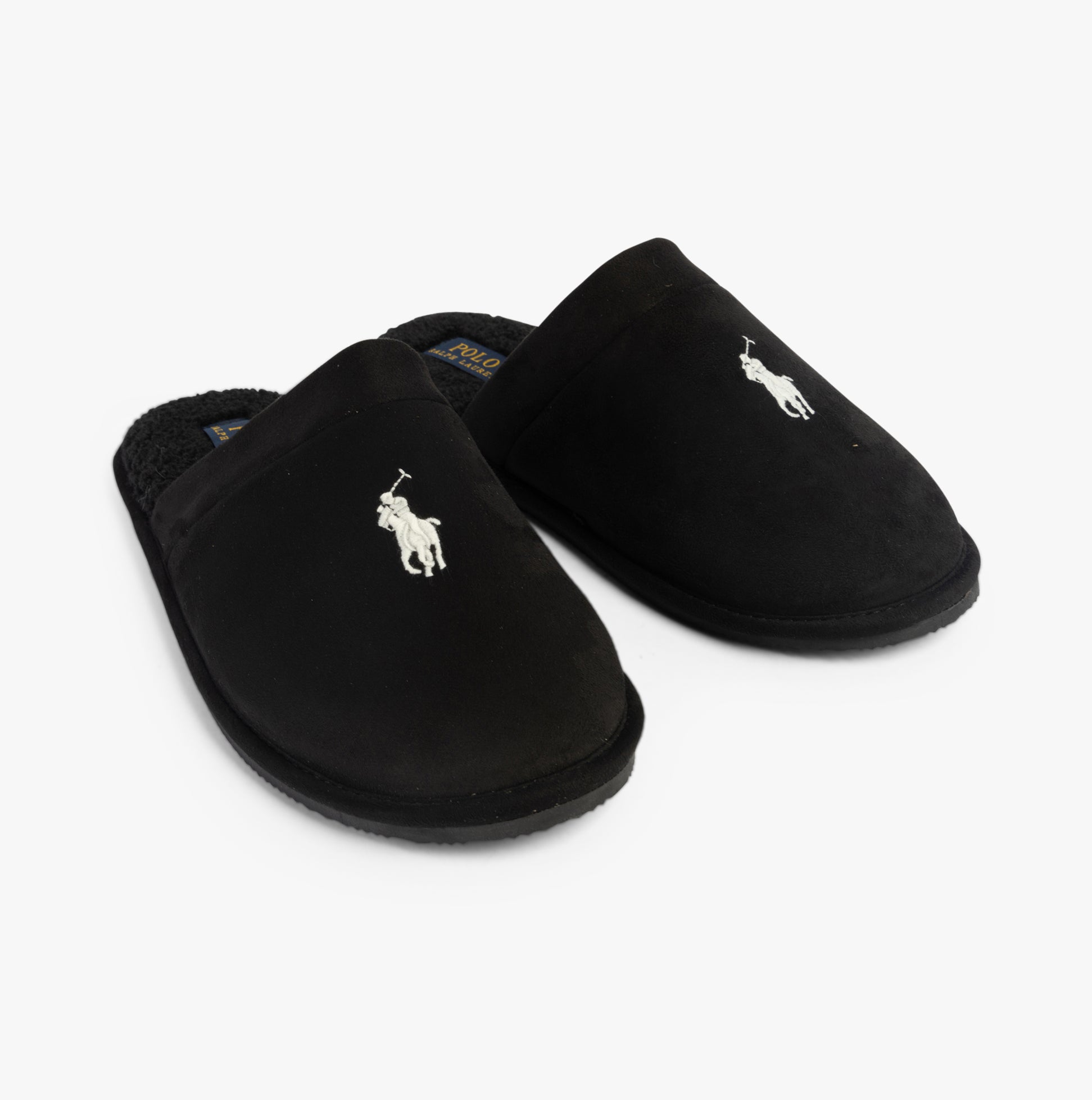 Polo Ralph Lauren KLARENCE Mens Mule Slippers Black Micro side view showcasing soft black suede and iconic logo.