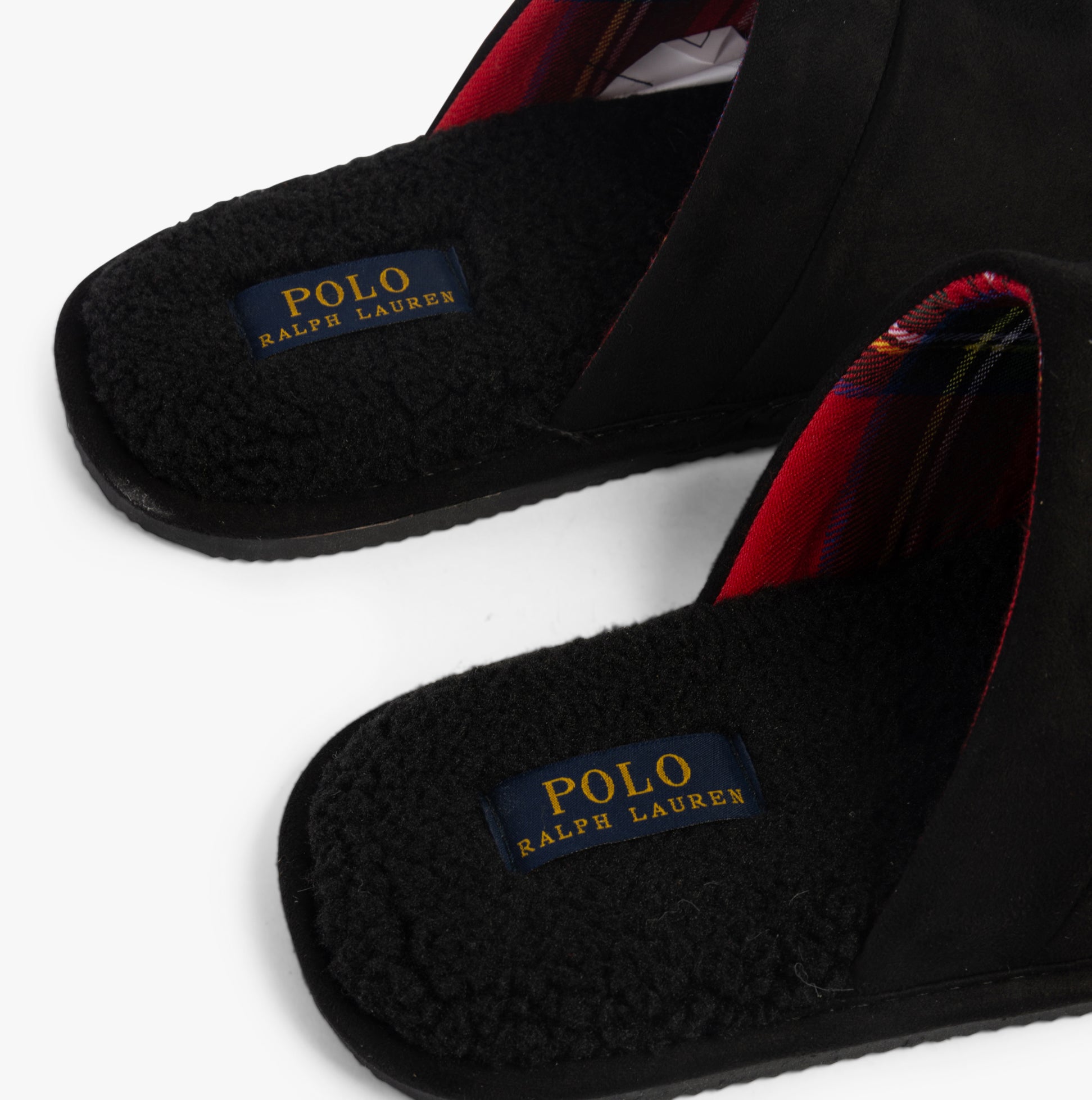 Polo Ralph Lauren KLARENCE Mens Mule Slippers Black Micro detail view showing plush interior and slip-on design.