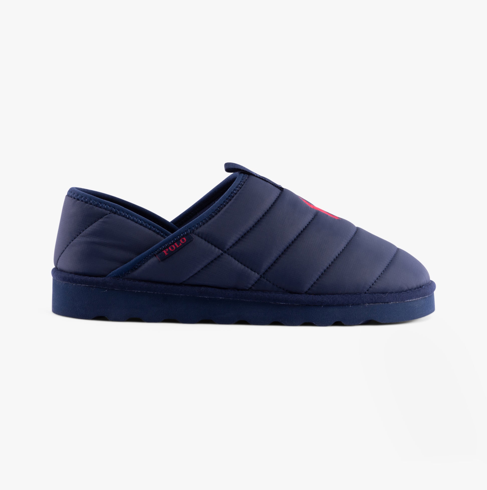 Polo Ralph Lauren EVERETT Mens Full Slippers Navy side view, featuring a plush polyester upper and slip-on design.