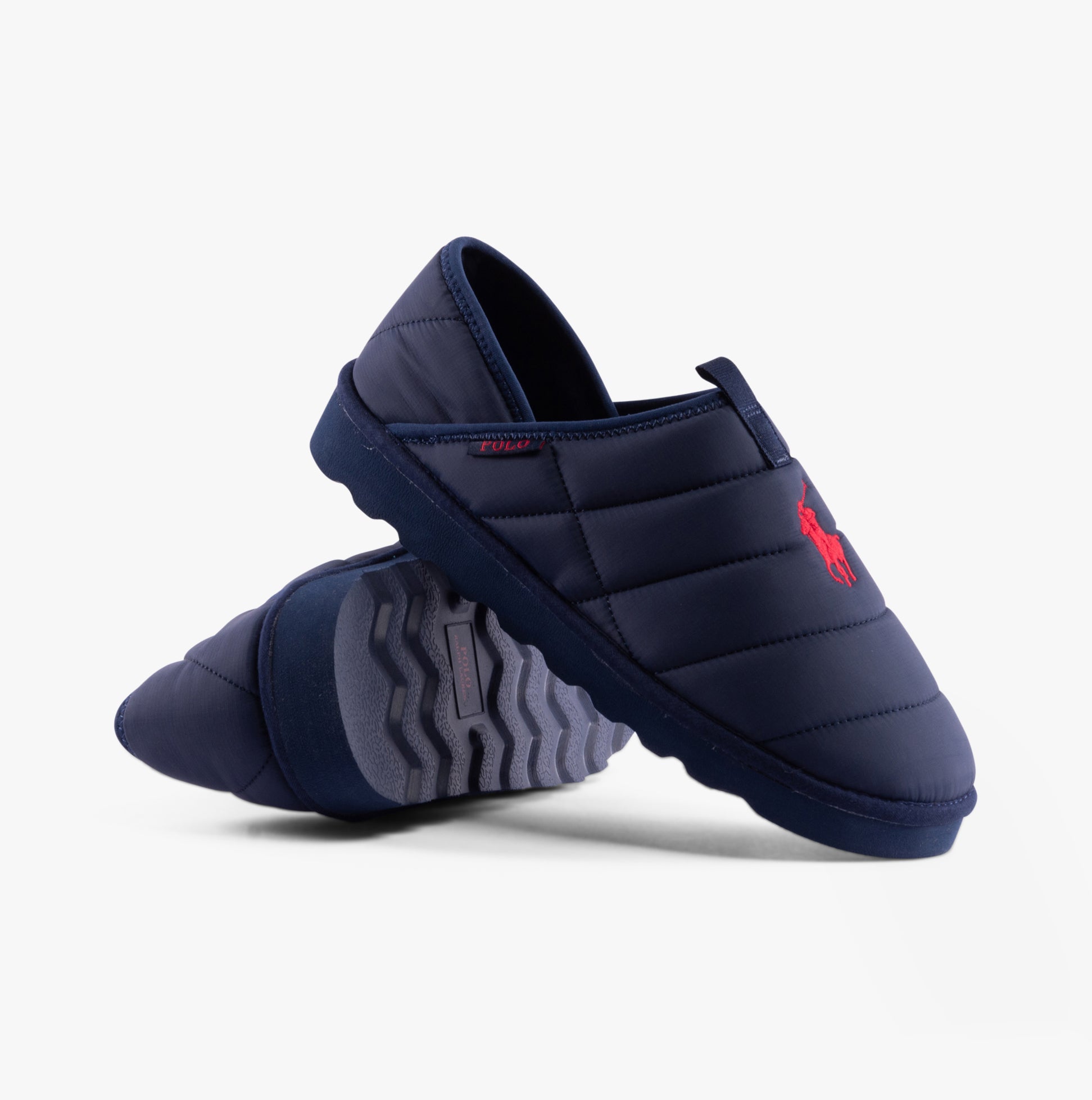 Polo Ralph Lauren EVERETT Mens Full Slippers Navy side view showing slip-on design with a red logo.