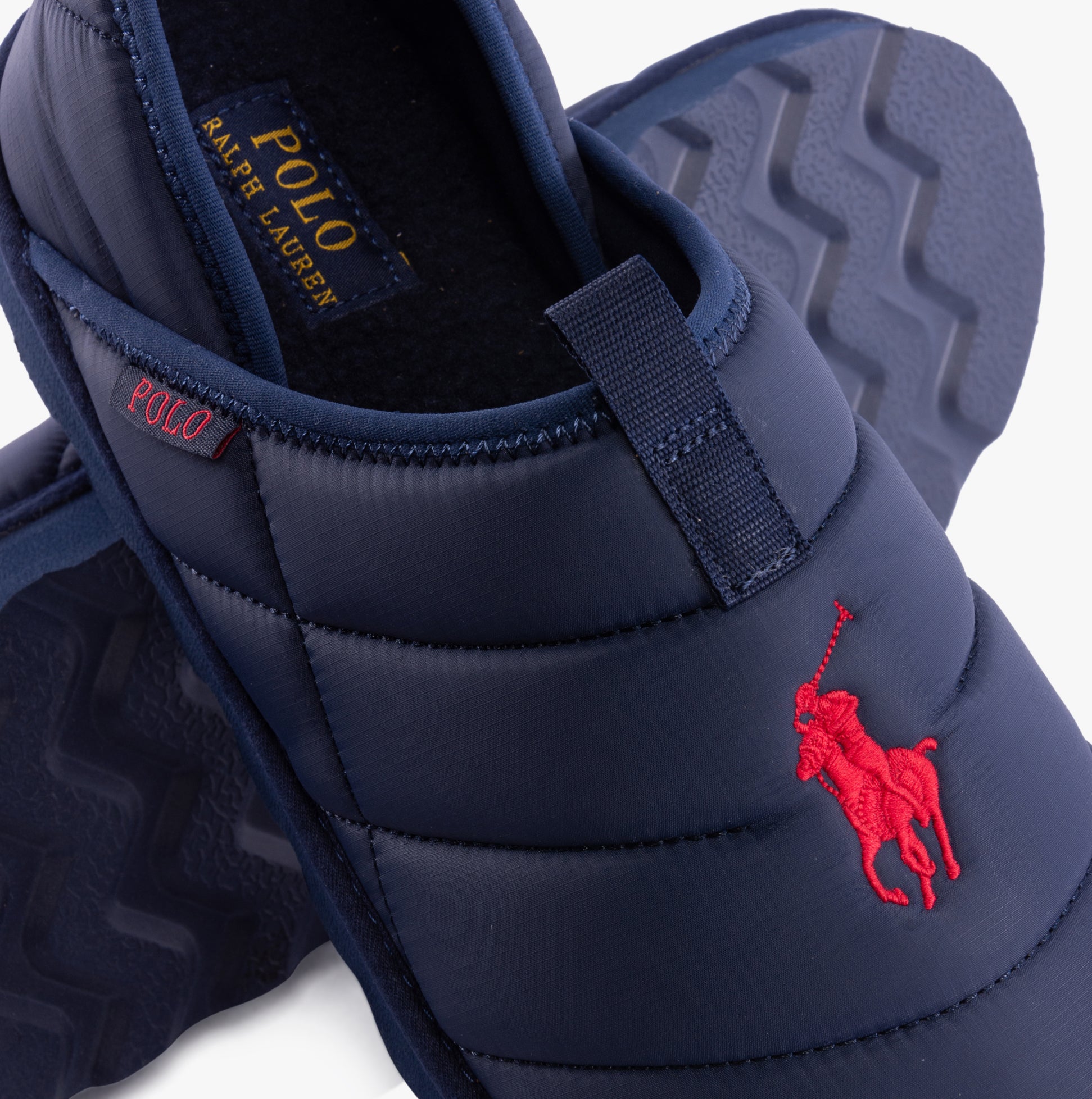 Polo Ralph Lauren EVERETT Mens Full Slippers Navy detail view showing logo and texture