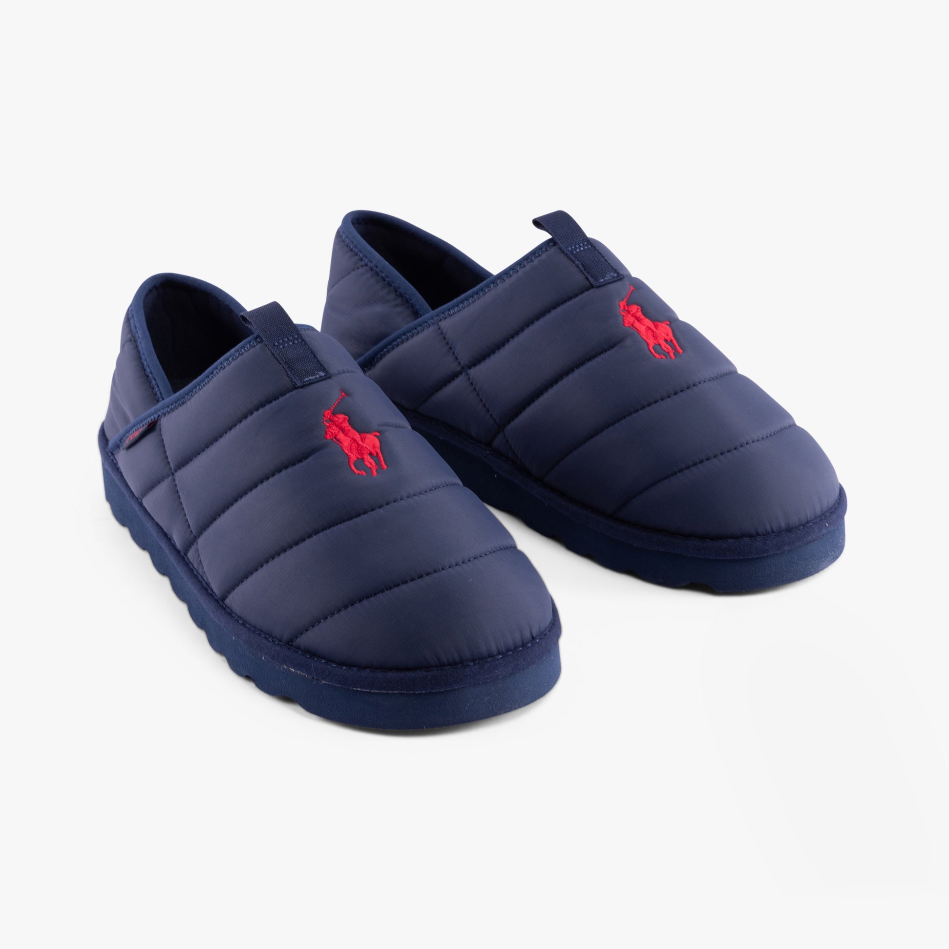 Polo Ralph Lauren EVERETT Mens Full Slippers Navy side view with red logo on upper, soft polyester upper and slip-on design.