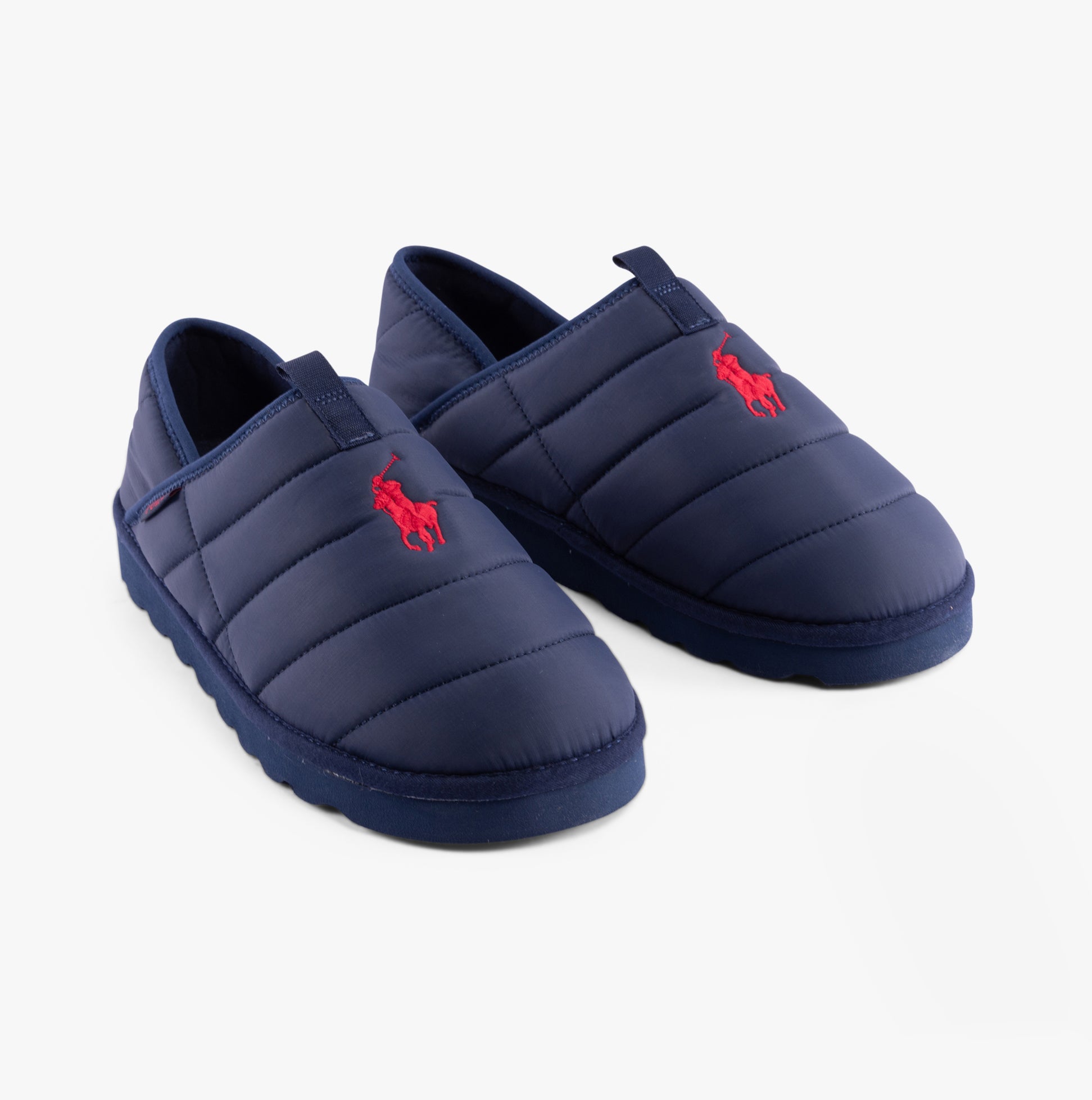 Polo Ralph Lauren EVERETT Mens Full Slippers Navy side view with red logo on upper, soft polyester upper and slip-on design.