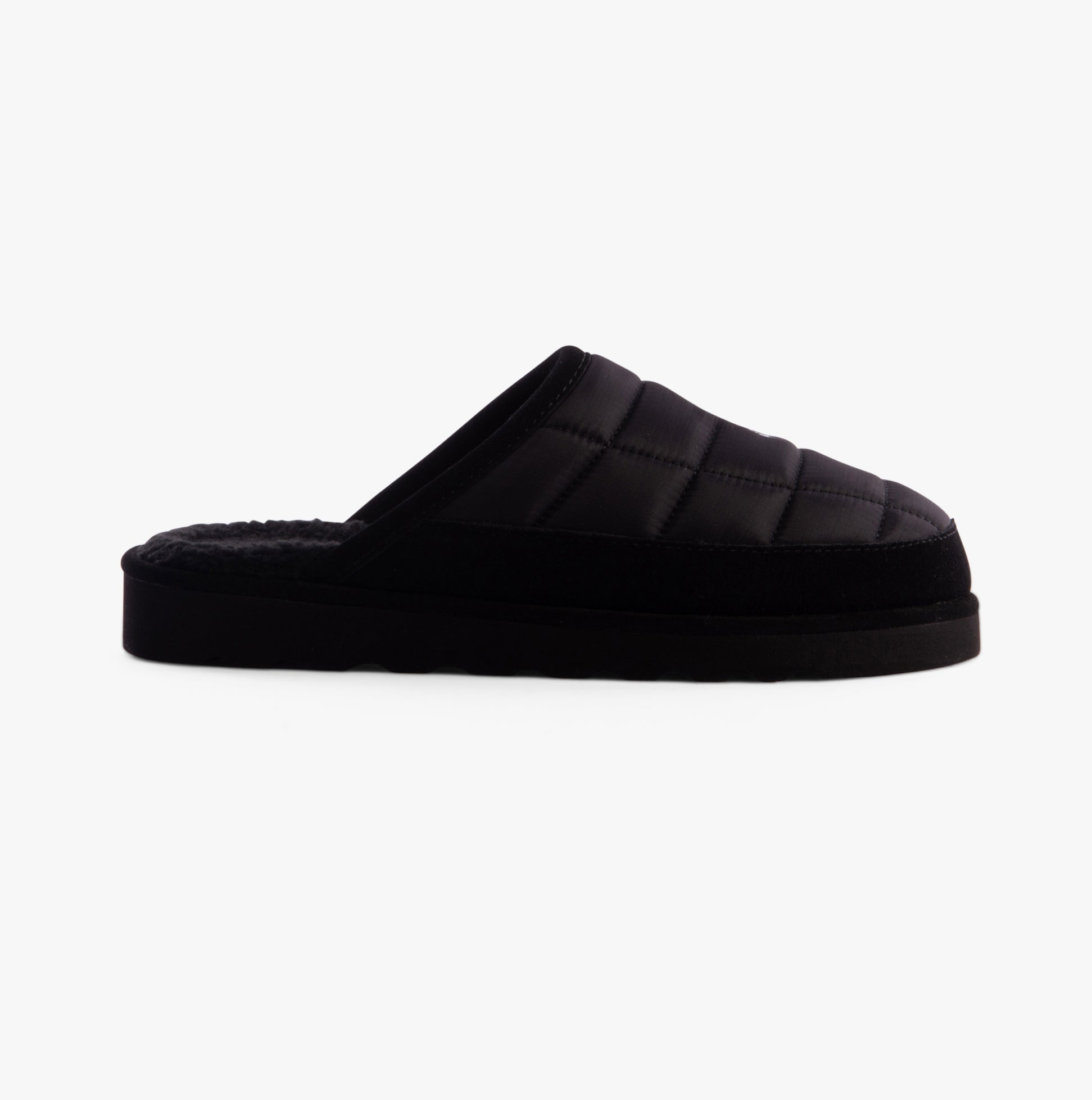 Polo Ralph Lauren READE SCUFF Mens Mule Slippers Black side view showcasing quilted upper and flat sole.