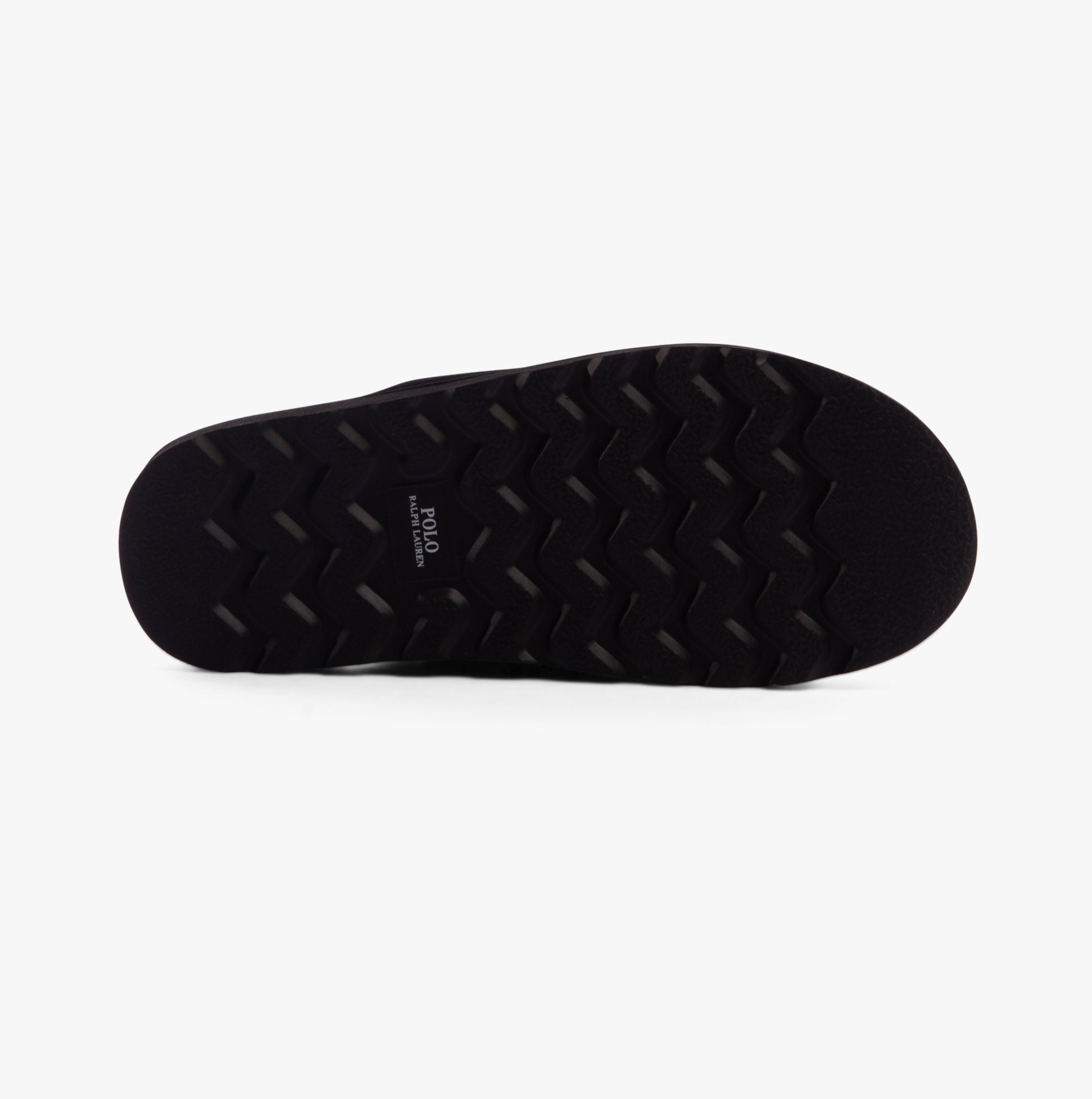 Polo Ralph Lauren READE SCUFF Mens Mule Slippers Black bottom view, showcasing the textured EVA sole for grip and comfort.