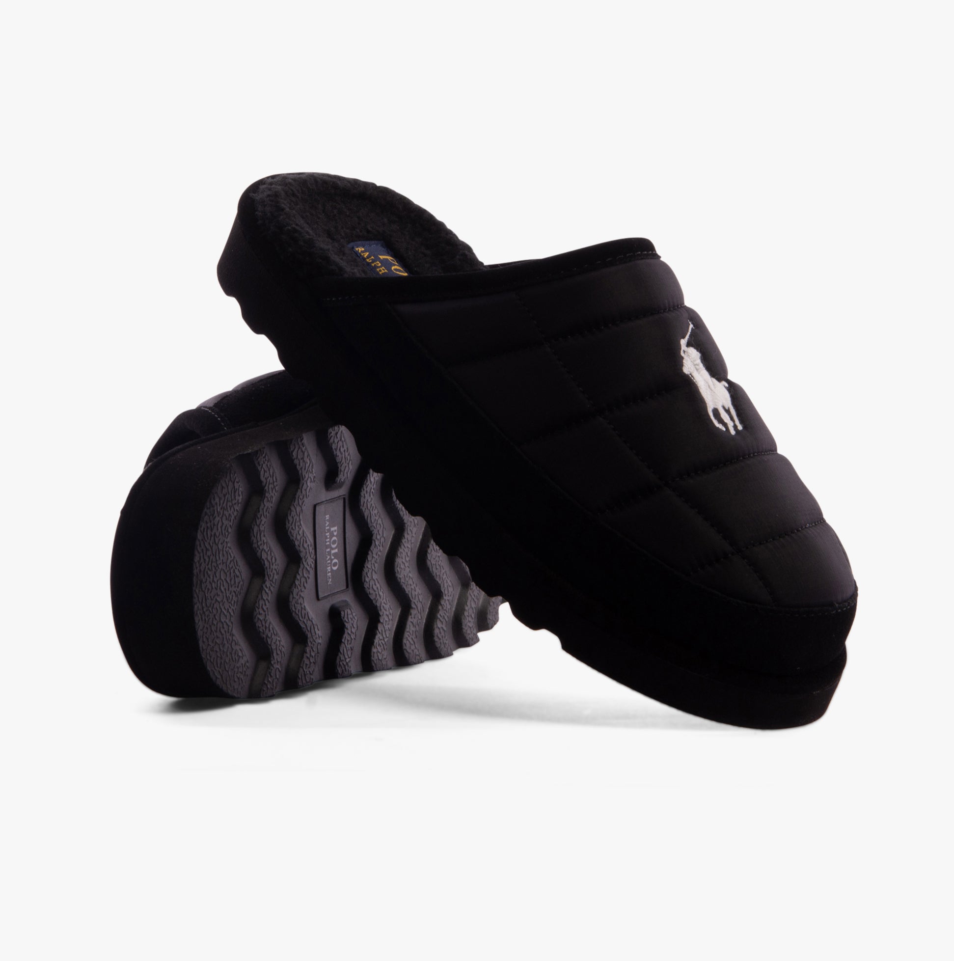 Polo Ralph Lauren READE SCUFF Mens Mule Slippers Black side view showcasing textured upper and soft lining.