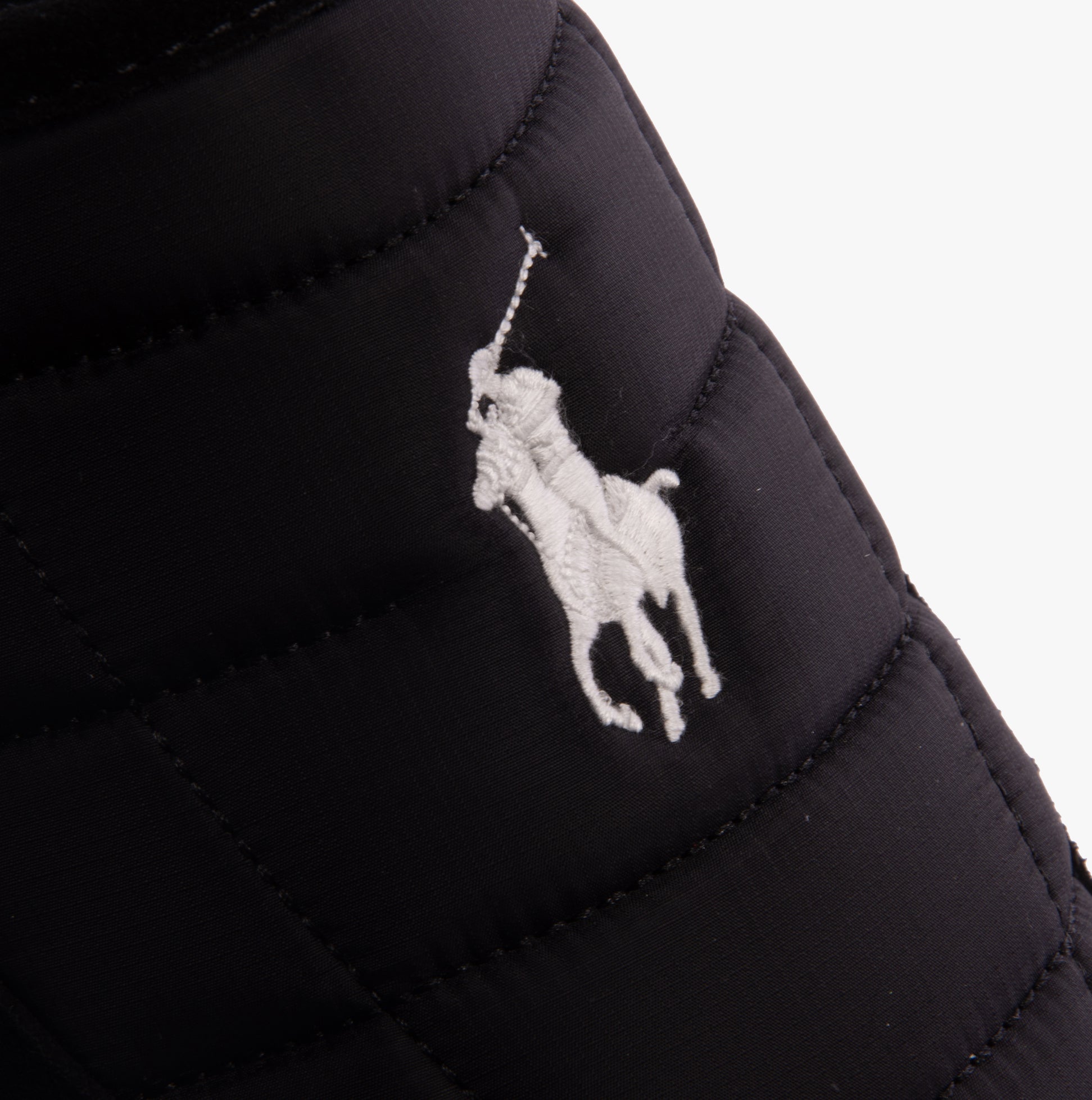 Polo Ralph Lauren READE SCUFF Mens Mule Slippers Black detail view of logo embroidery
