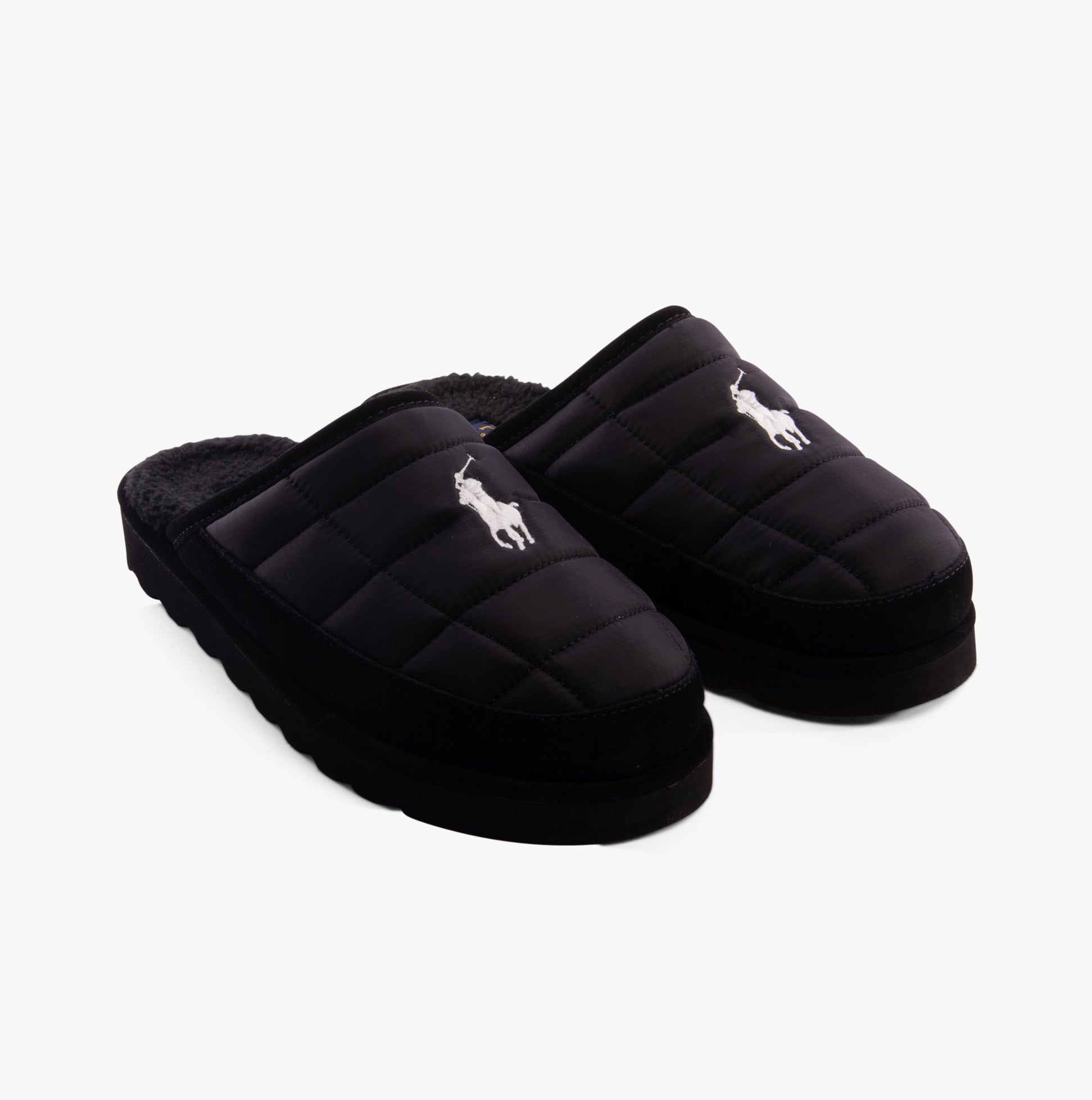 Polo Ralph Lauren READE SCUFF Mens Mule Slippers Black side view with logo and quilted design.