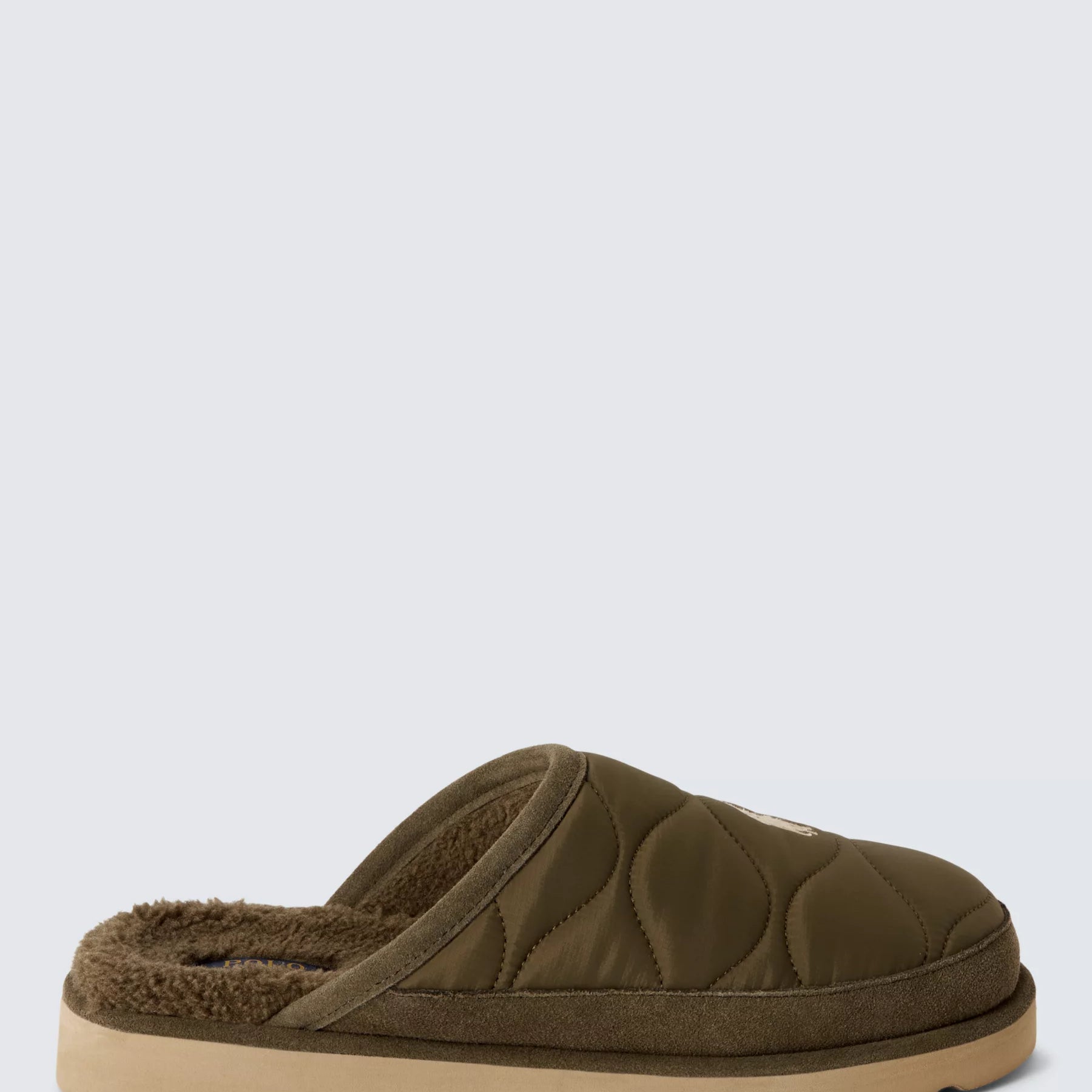 Polo Ralph Lauren READE SCUFF Mens Mule Slippers Olive side view showing textile upper and round toe design.