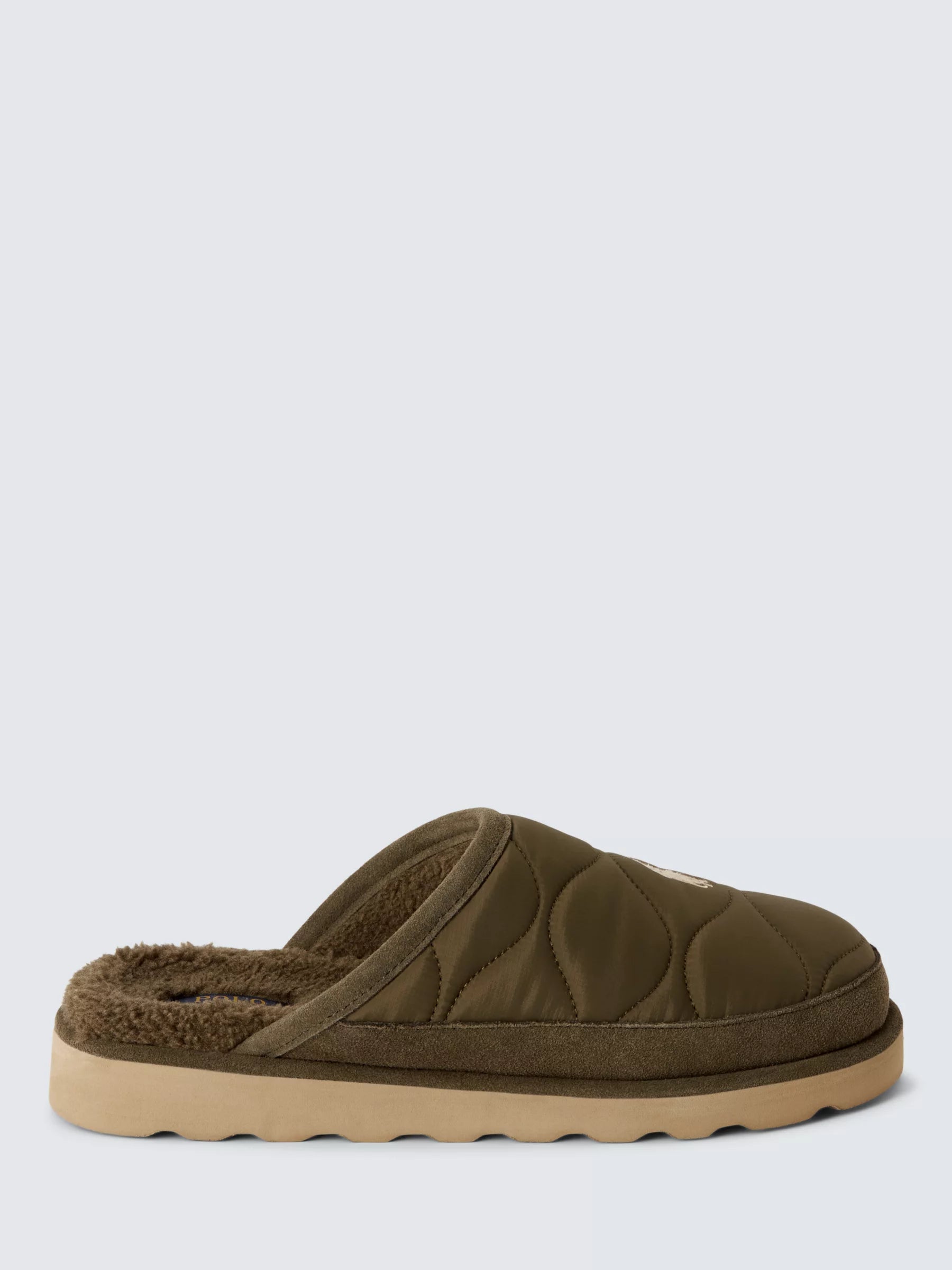 Polo Ralph Lauren READE SCUFF Mens Mule Slippers Olive side view showing textile upper and round toe design.