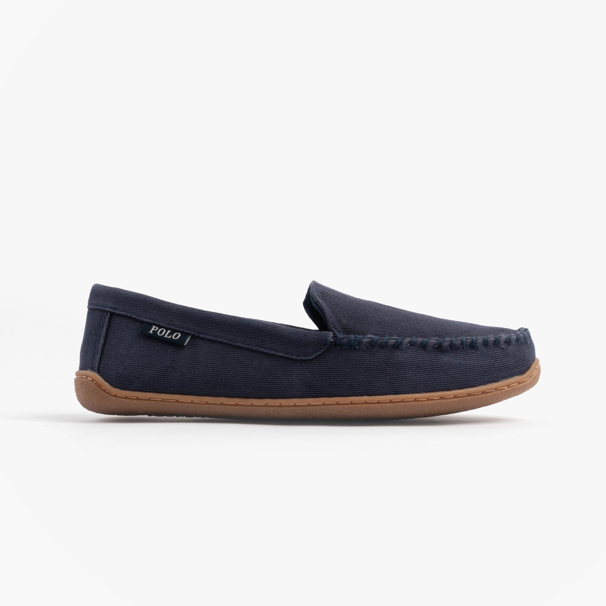 Polo Ralph Lauren BRENAN Mens Slippers Navy/Paper White side view showcasing suede upper and rubber sole.