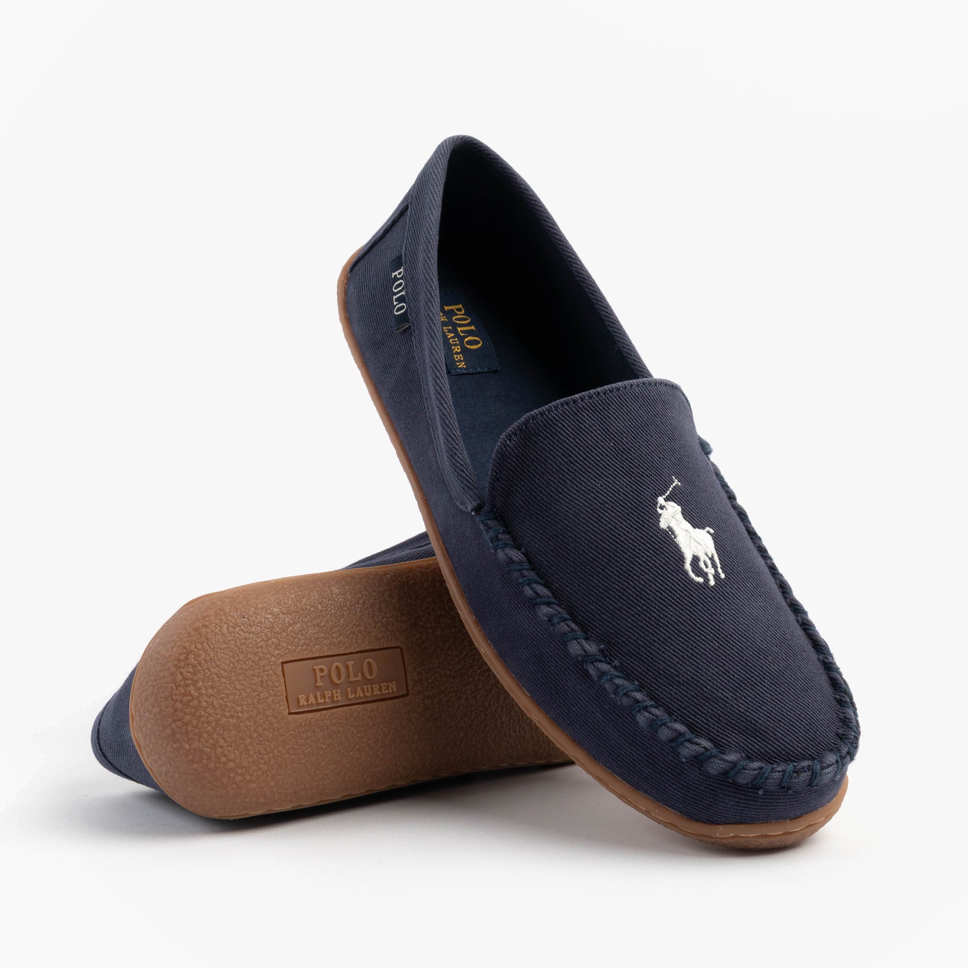 Polo Ralph Lauren BRENAN Mens Slippers Navy/Paper White side view with logo and suede material