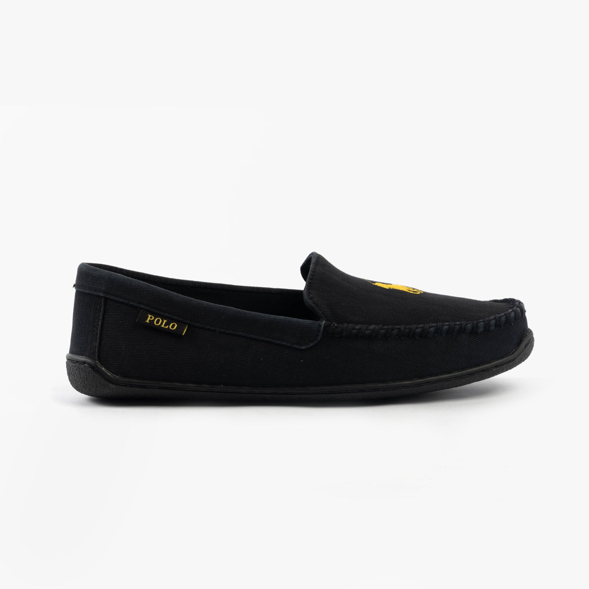 Polo Ralph Lauren BRENAN Mens Slippers Black Washed Twill/Gold side view showing suede upper and rubber sole.