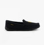 Polo Ralph Lauren BRENAN Mens Slippers Black Washed Twill/Gold side view showing suede upper and rubber sole.