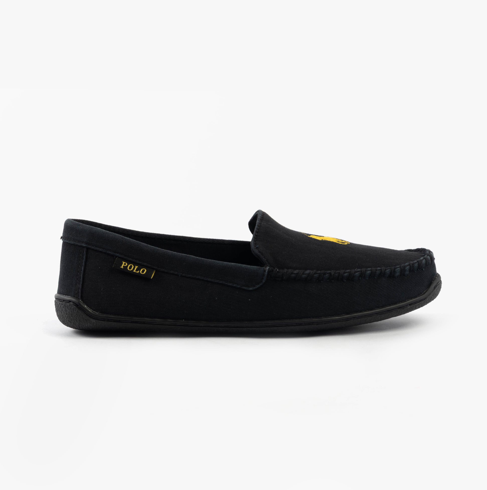 Polo Ralph Lauren BRENAN Mens Slippers Black Washed Twill/Gold side view showing suede upper and rubber sole.