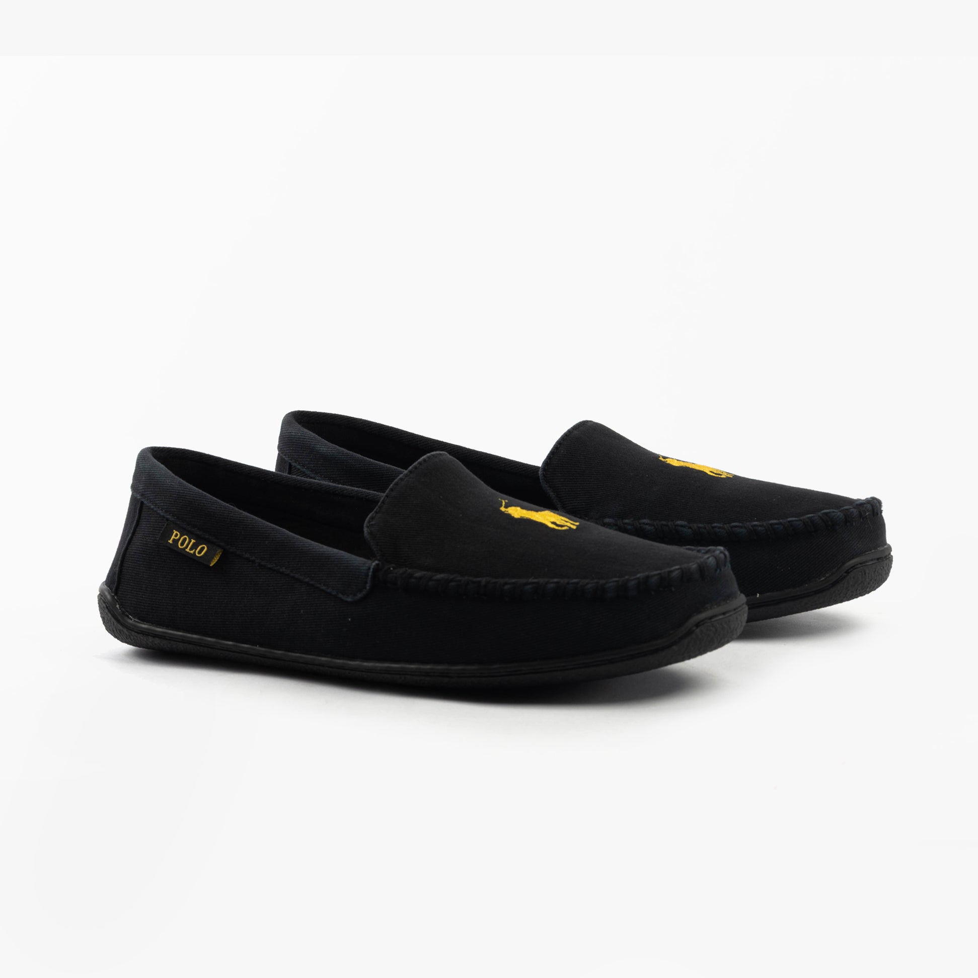 Polo Ralph Lauren BRENAN Mens Slippers Black Washed Twill/Gold side view showing suede upper and rubber sole.