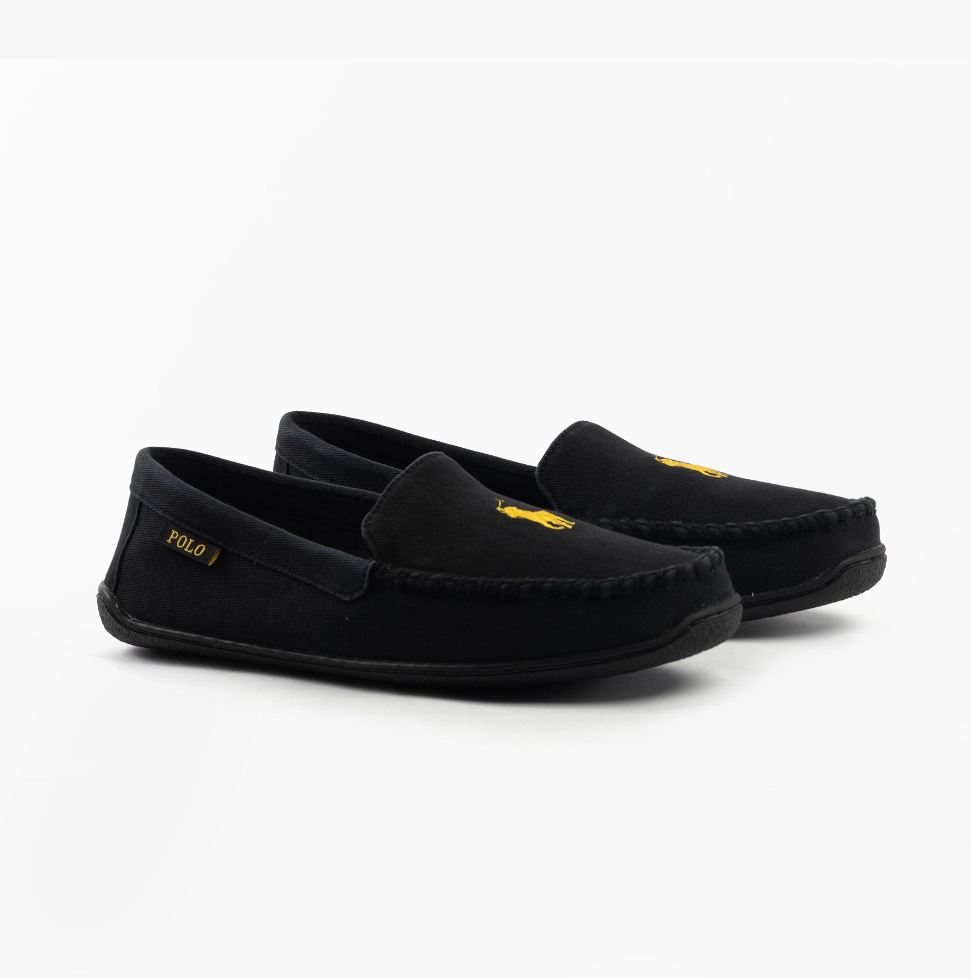 Polo Ralph Lauren BRENAN Mens Slippers Black Washed Twill/Gold side view showing suede upper and rubber sole.