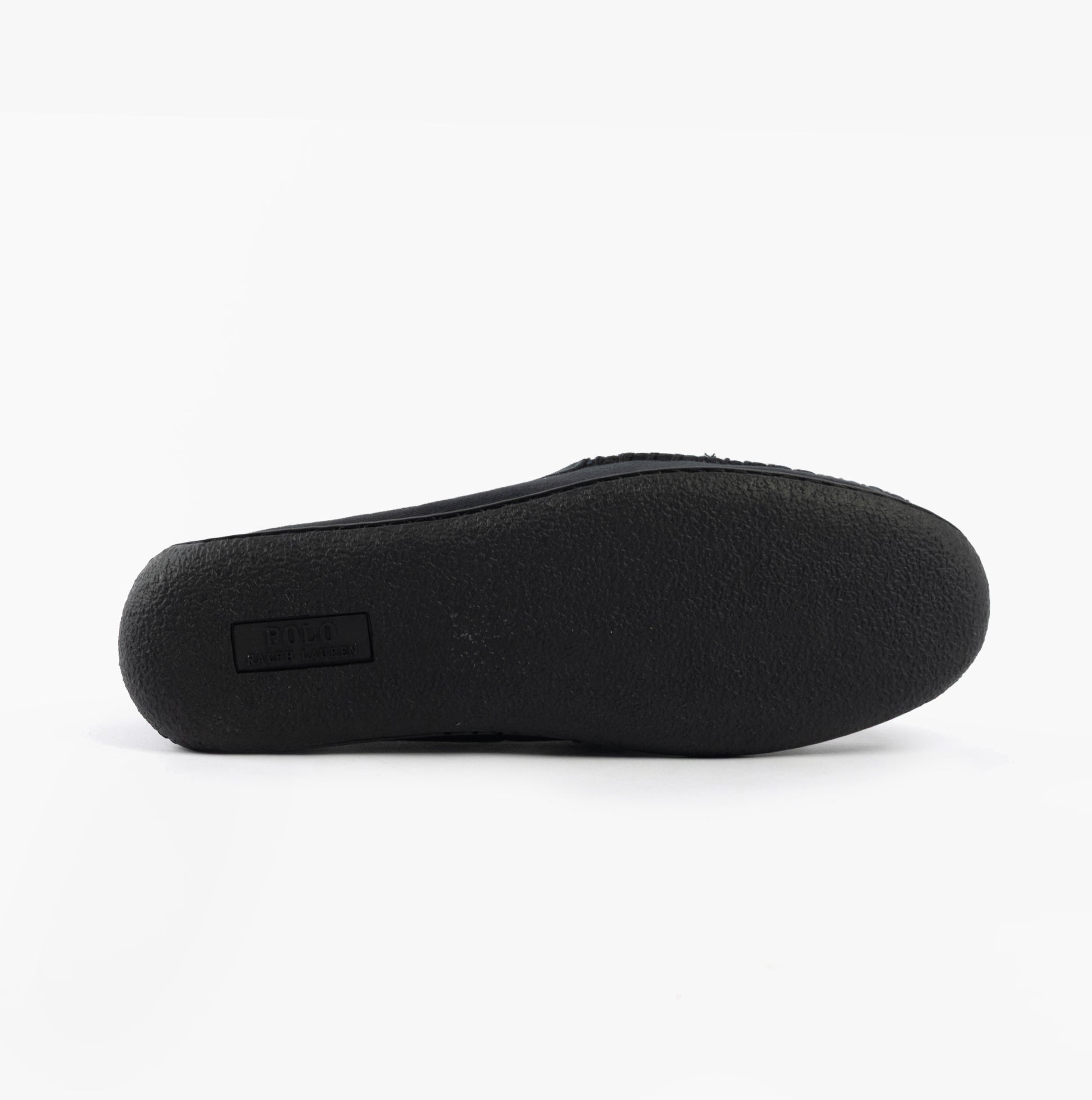 Polo Ralph Lauren BRENAN Mens Slippers Black Washed Twill/Gold bottom view showing rubber sole detail.