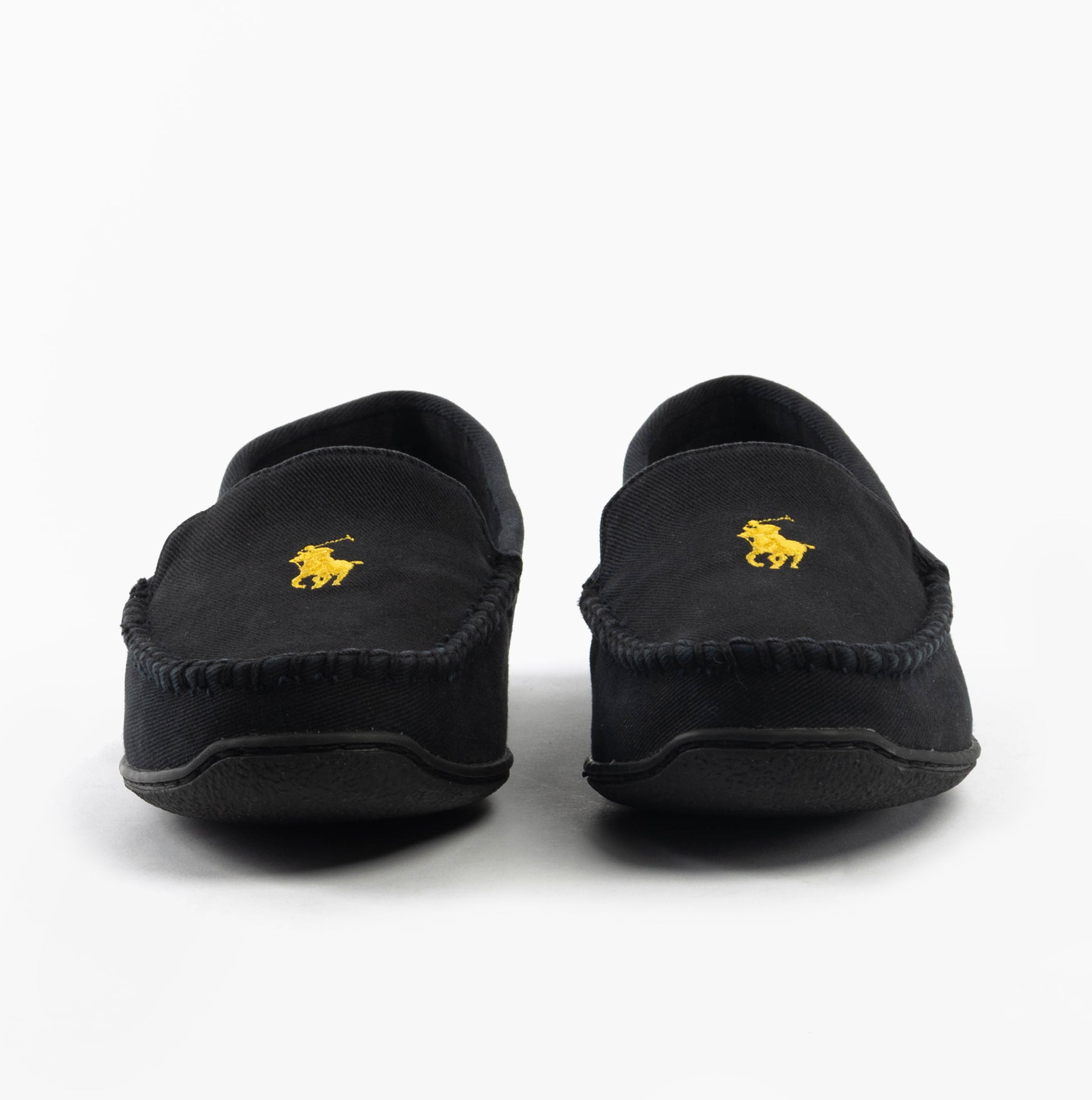 Polo Ralph Lauren BRENAN Mens Slippers Black Washed Twill/Gold back view showcasing suede upper and gold logo.