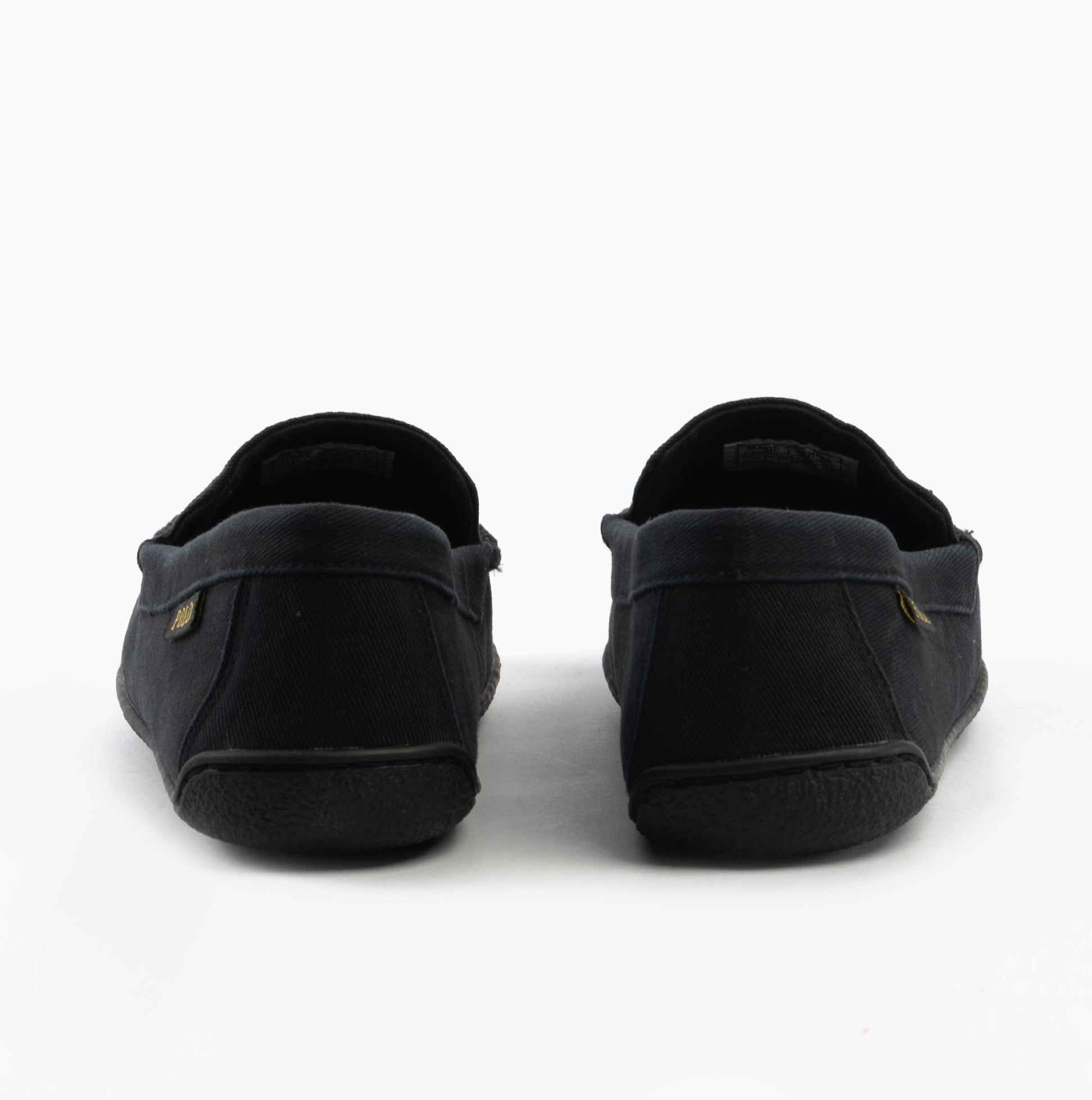 Polo Ralph Lauren BRENAN Mens Slippers Black Washed Twill/Gold rear view showcasing the soft suede material and rubber sole.