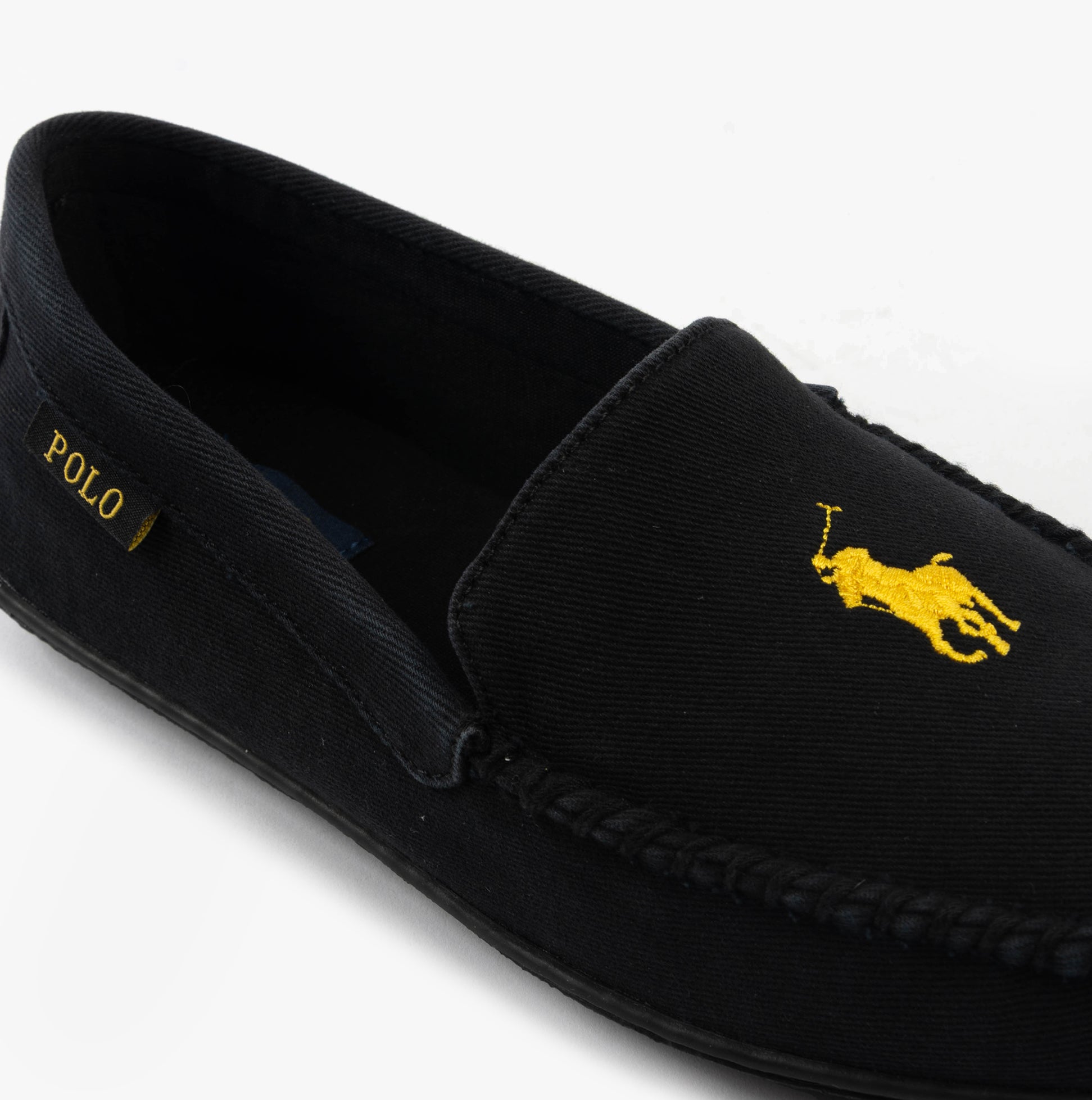 Polo Ralph Lauren BRENAN Mens Slippers Black Washed Twill/Gold side view showcasing the suede upper and gold logo detail.