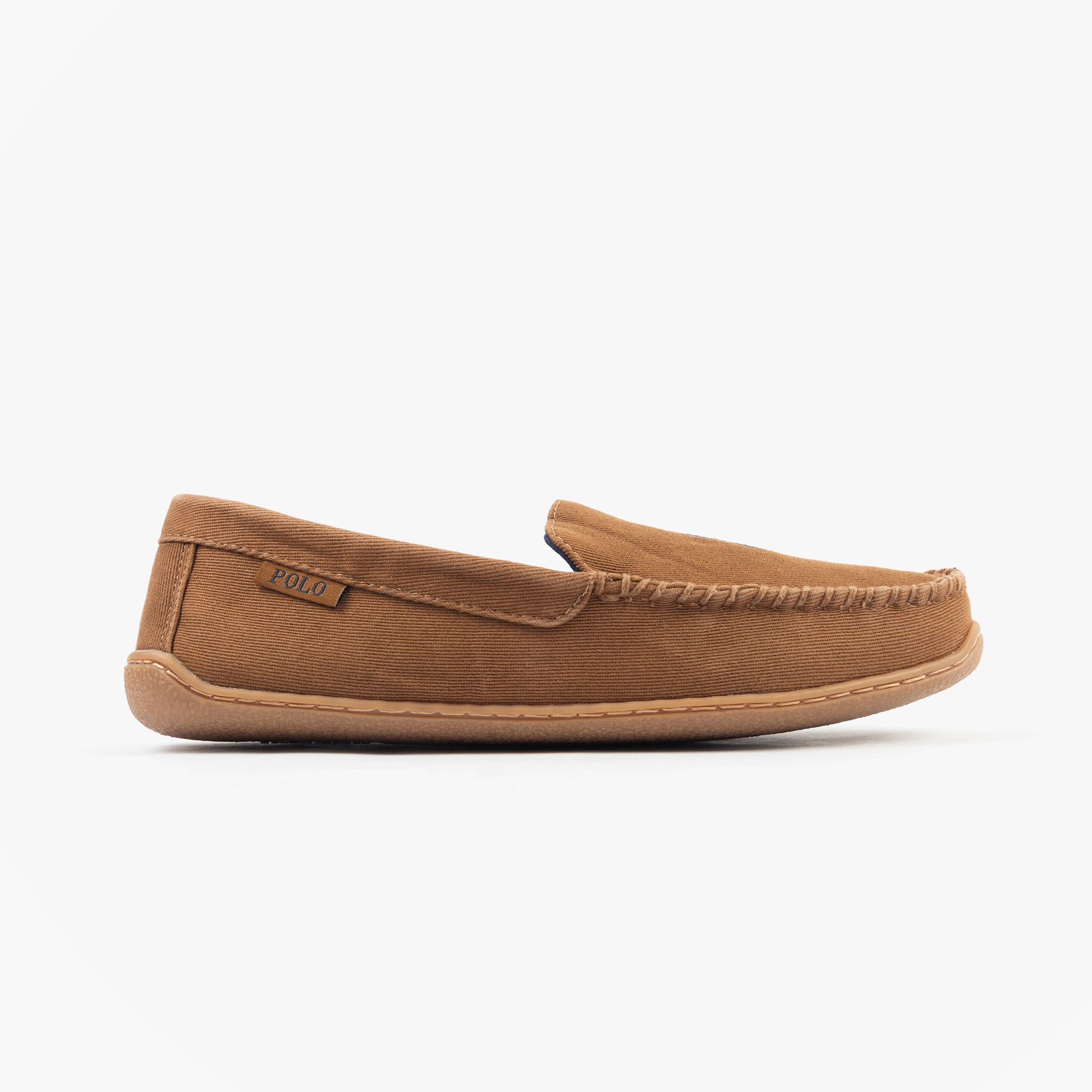 Polo Ralph Lauren BRENAN Mens Slippers Tan Washed Twill/Navy side view showing comfy suede upper and slip-on style.