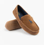 Polo Ralph Lauren BRENAN Mens Slippers Tan Washed Twill/Navy side view showing moccasin style and suede upper.