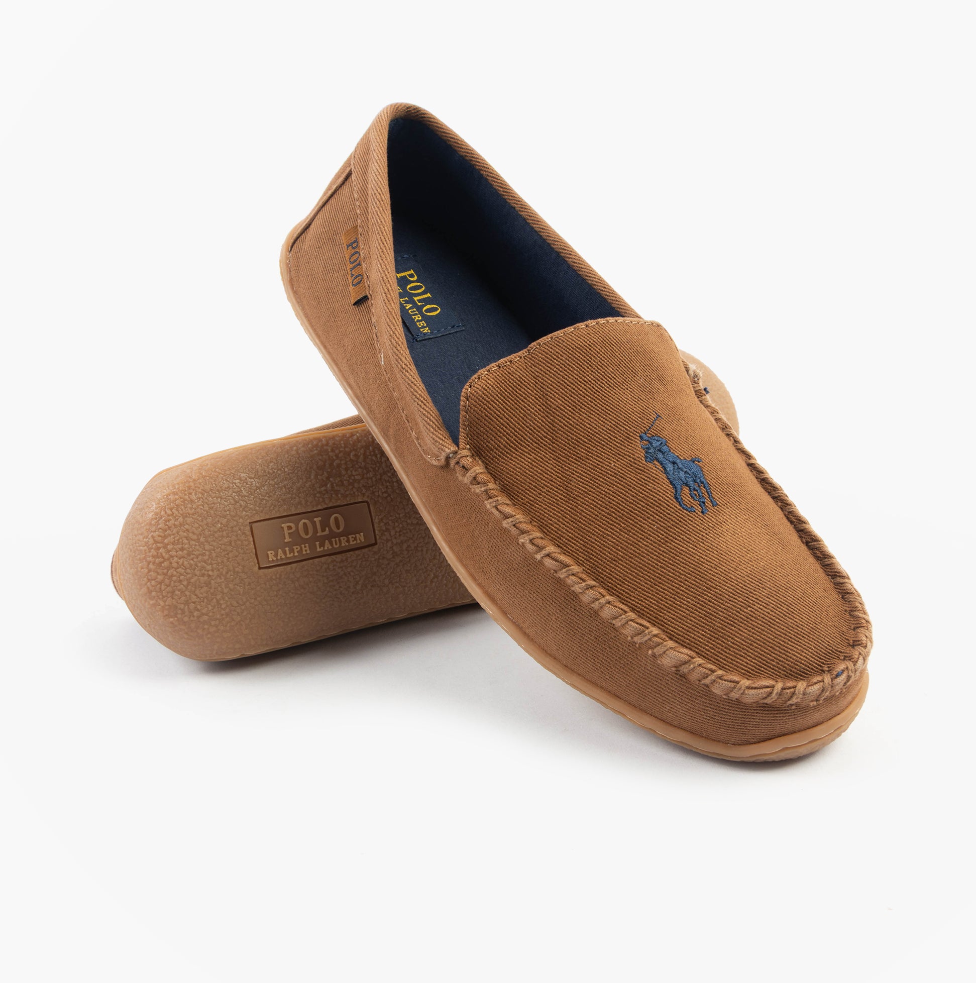Polo Ralph Lauren BRENAN Mens Slippers Tan Washed Twill/Navy side view showing moccasin style and suede upper.