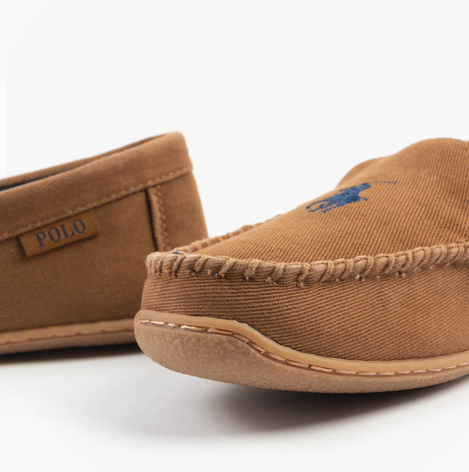 Polo Ralph Lauren BRENAN Mens Slippers Tan Washed Twill/Navy side view showcasing moccasin style and embroidered logo.