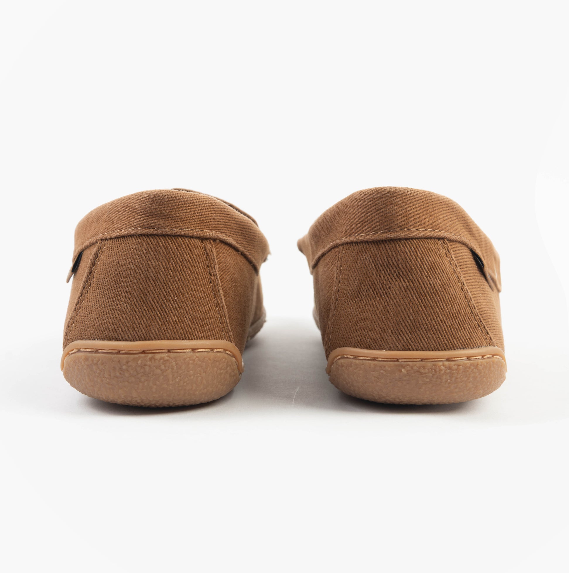 Polo Ralph Lauren BRENAN Mens Slippers Tan Washed Twill/Navy rear view, showcasing soft suede material and flexible rubber sole.