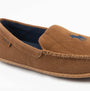 Polo Ralph Lauren BRENAN Mens Slippers Tan Washed Twill/Navy side view image highlighting moccasin style and detailing.
