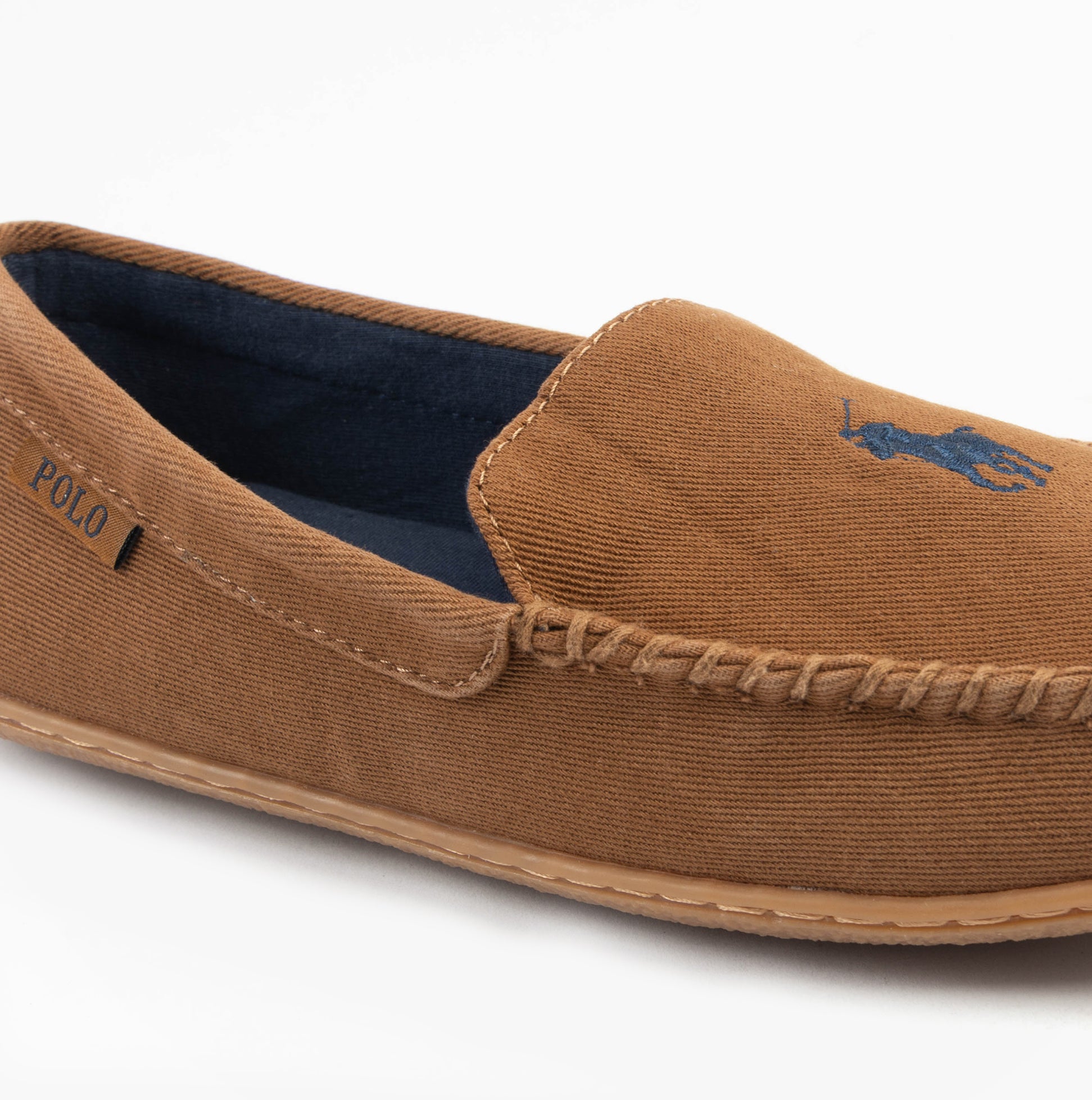 Polo Ralph Lauren BRENAN Mens Slippers Tan Washed Twill/Navy side view image highlighting moccasin style and detailing.