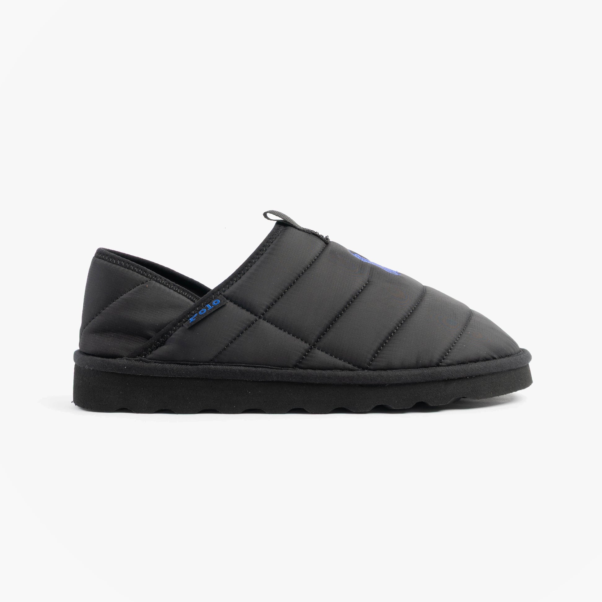 Polo Ralph Lauren EVERETT Mens Slippers Black Rc Nylon/Royal side view featuring quilted upper and slip-on design.