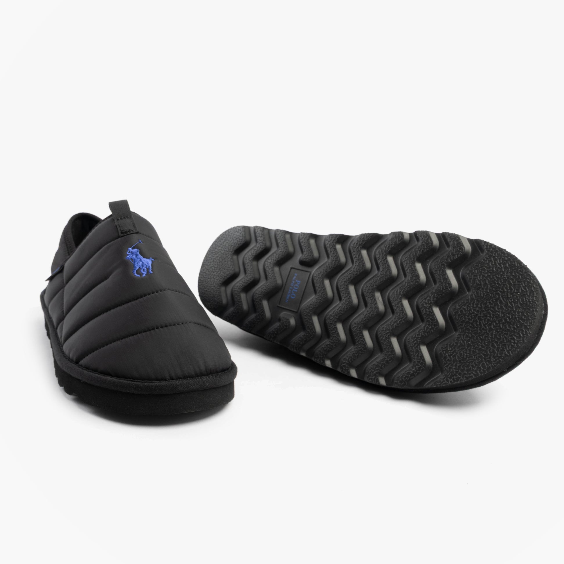 Polo Ralph Lauren EVERETT Mens Slippers Black Rc Nylon/Royal side view showing lightweight slip-on design and textured sole.