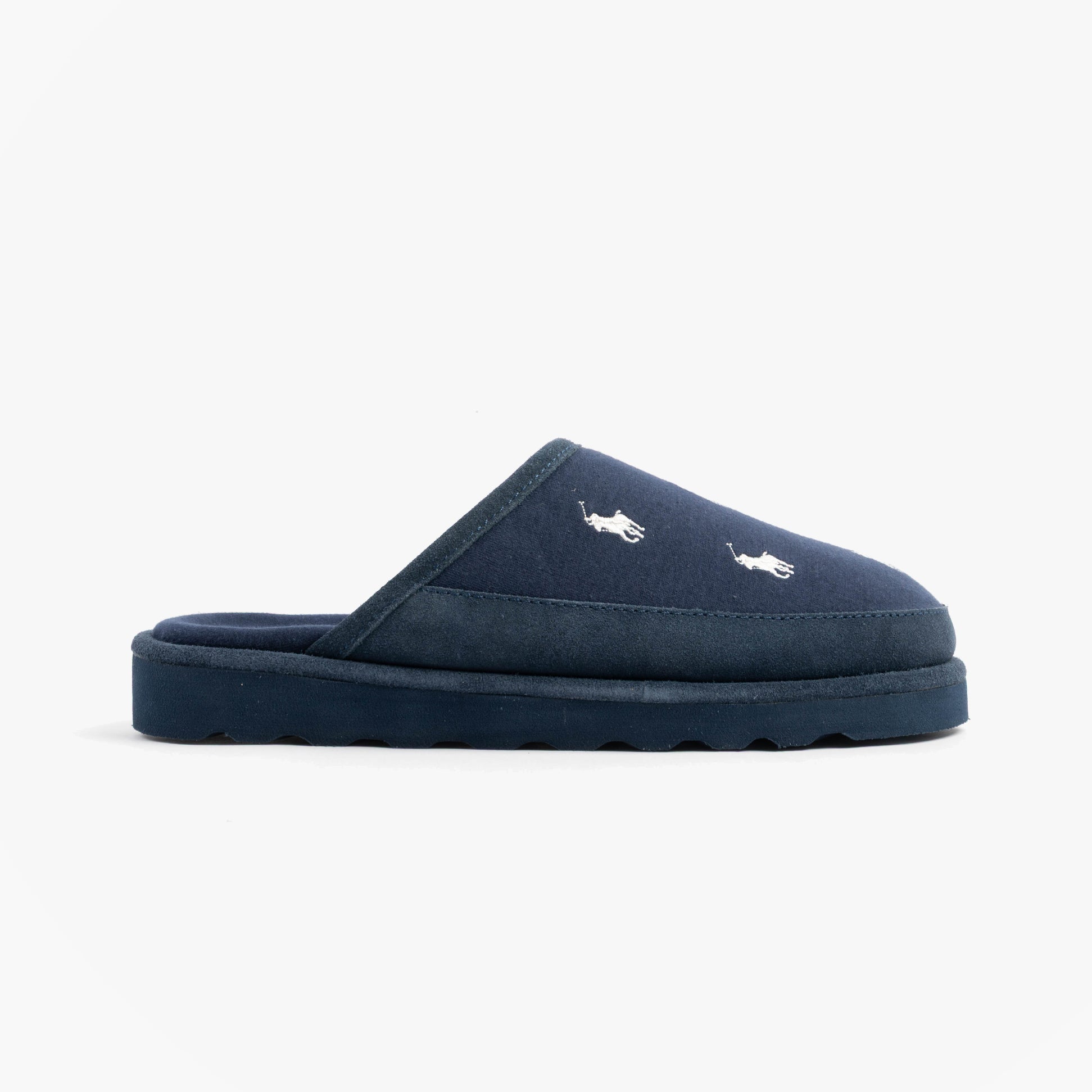 Polo Ralph Lauren RD SCFF II Mens Slippers Navy/Paper White side view showing slip-on design and logo detail.